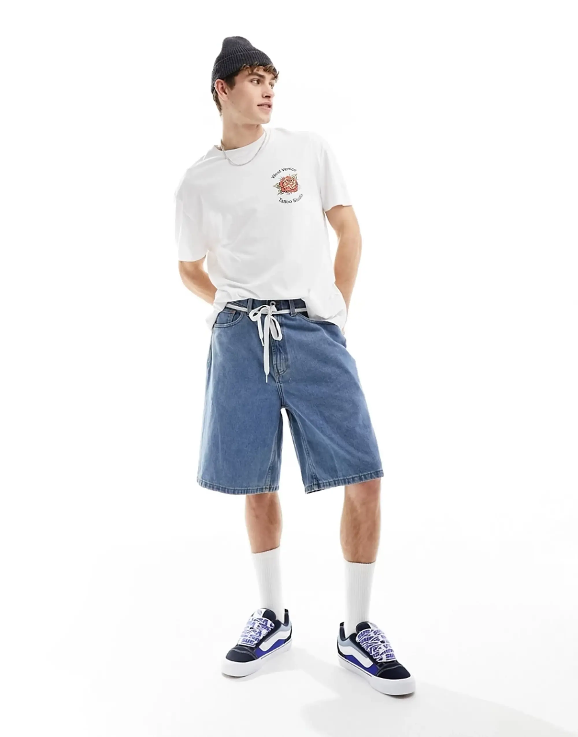 Vans Check-5 Baggy Denim Shorts In Mid Wash Blue