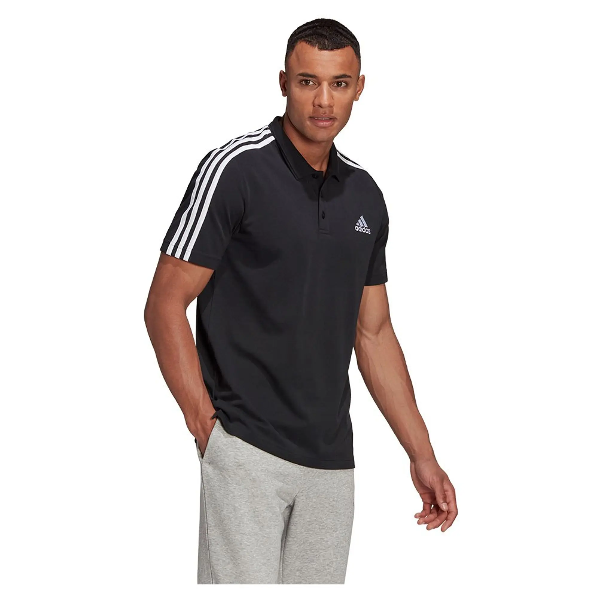 Manchester United adidas 3 Stripe Polo Shirt - Black - Mens