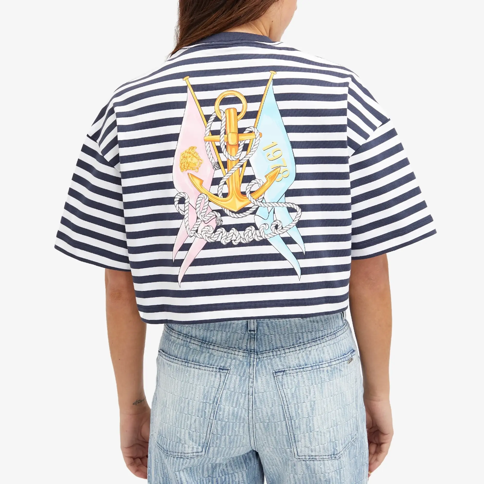 Versace Women's Crop Stripe Logo T-Shirt White/Navy/Multi