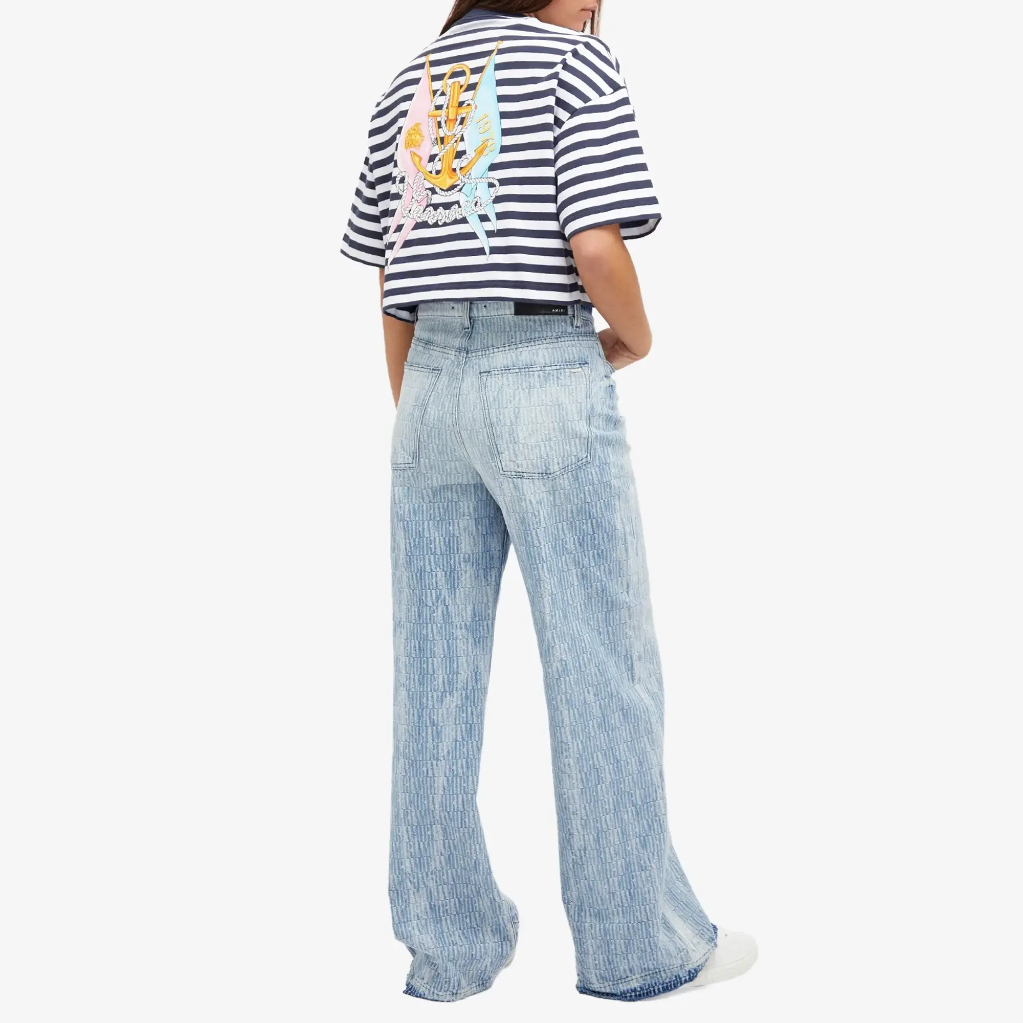Versace Women's Crop Stripe Logo T-Shirt White/Navy/Multi