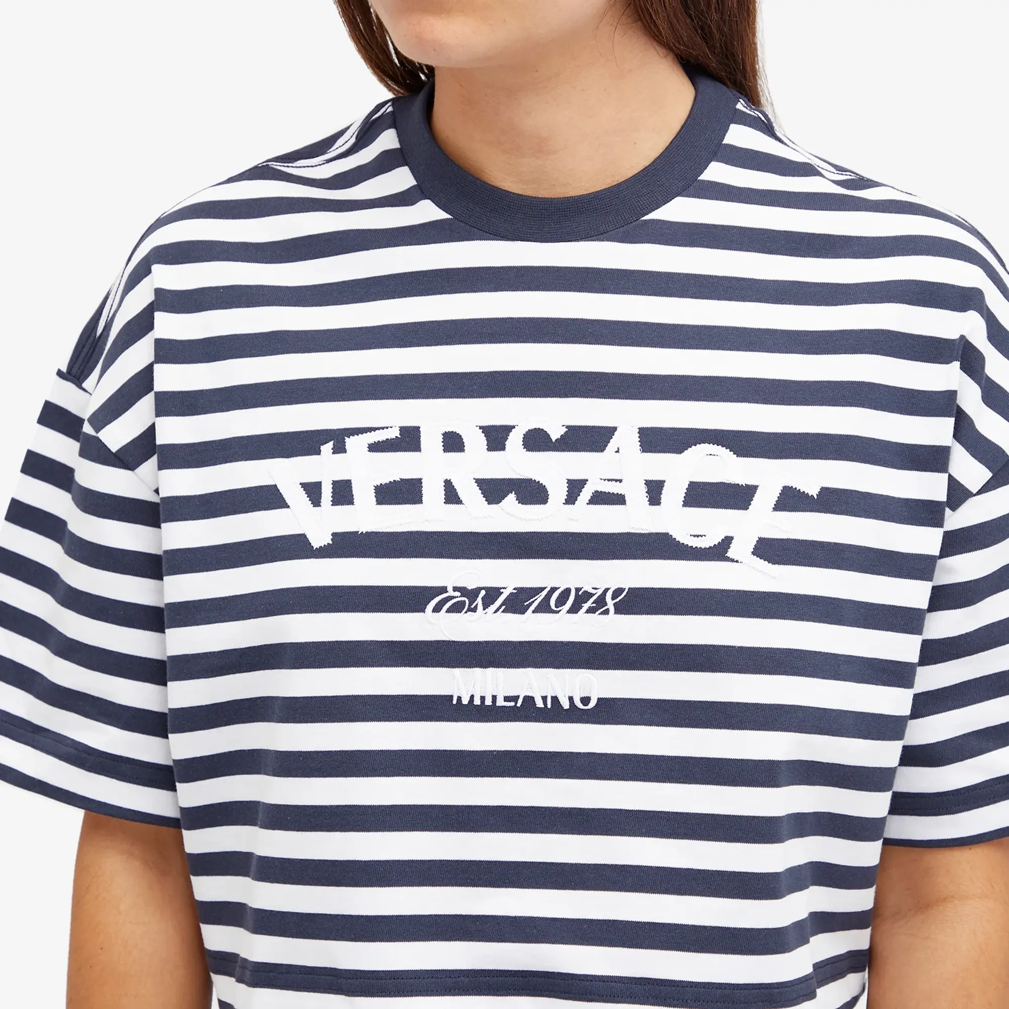 Versace Women's Crop Stripe Logo T-Shirt White/Navy/Multi