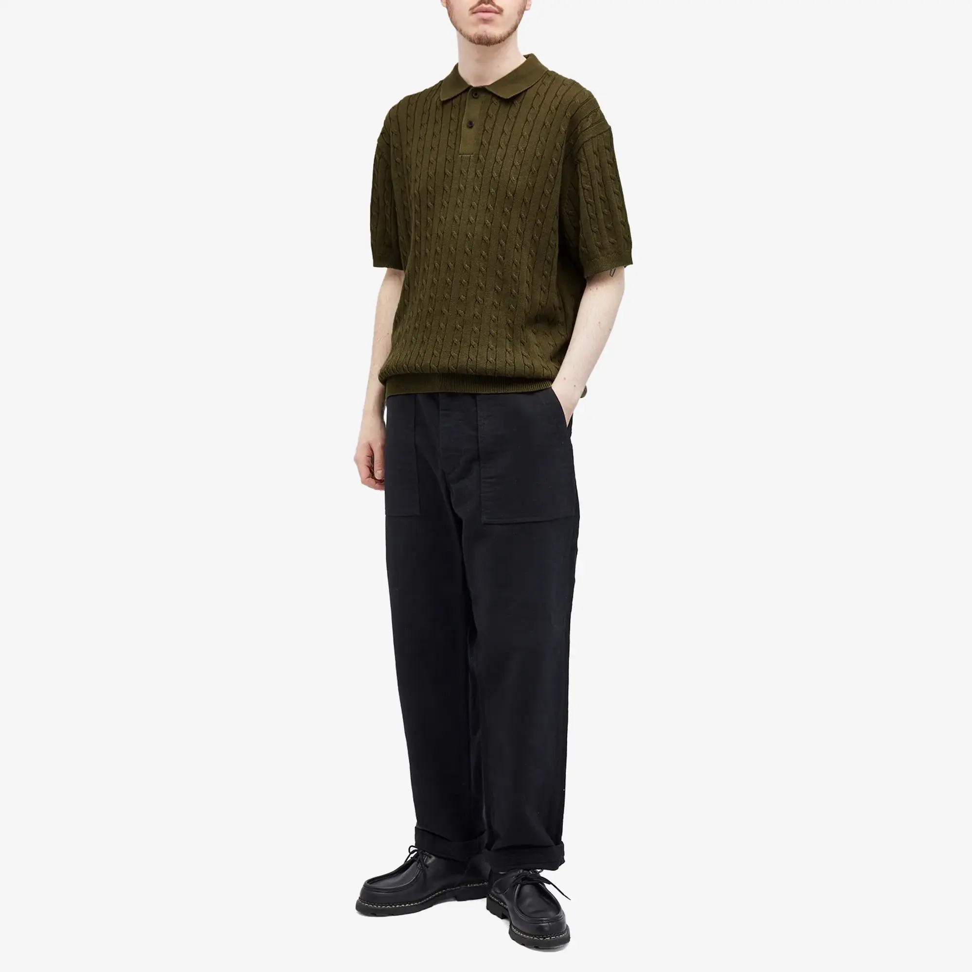 Beams Plus Men's Cable Knit Polo Olive