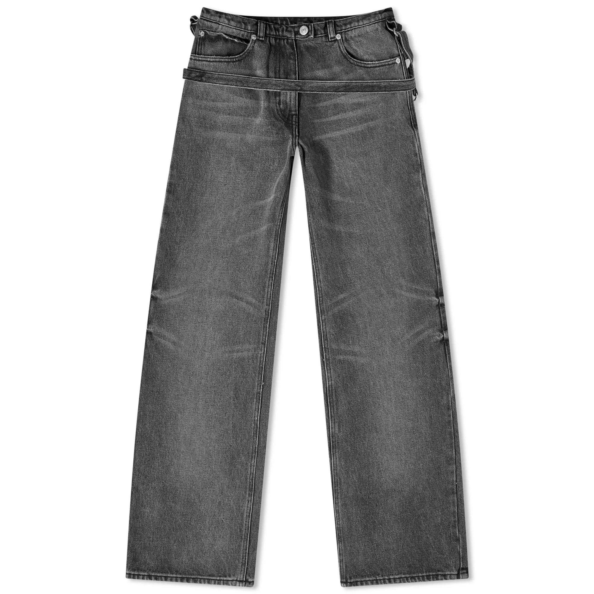 Courreges One Strap Stone Denim Baggy Pants Stonewashed Grey 