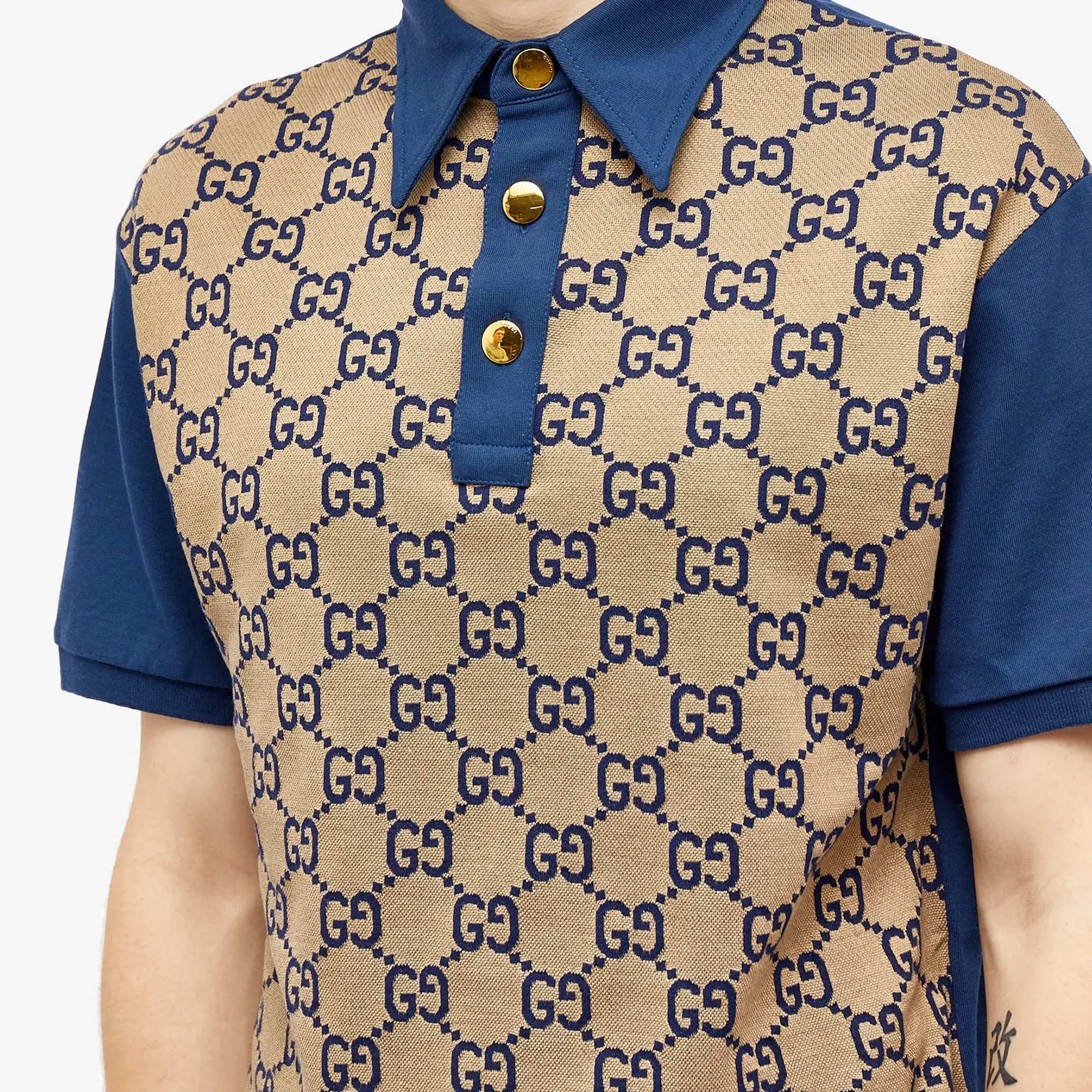 Gucci Men's All Over GG Polo Shirt Beige/Navy | 682015-XJD1F-2480