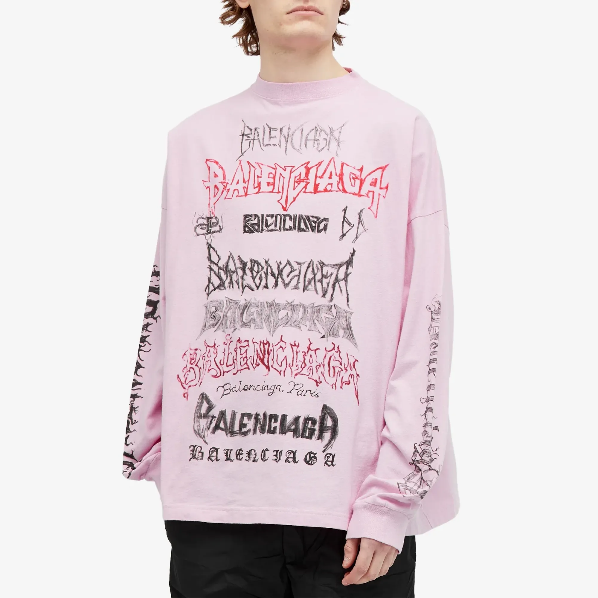 Balenciaga Men's Metal Logo Long Sleeve Tee Pink/Black/Red