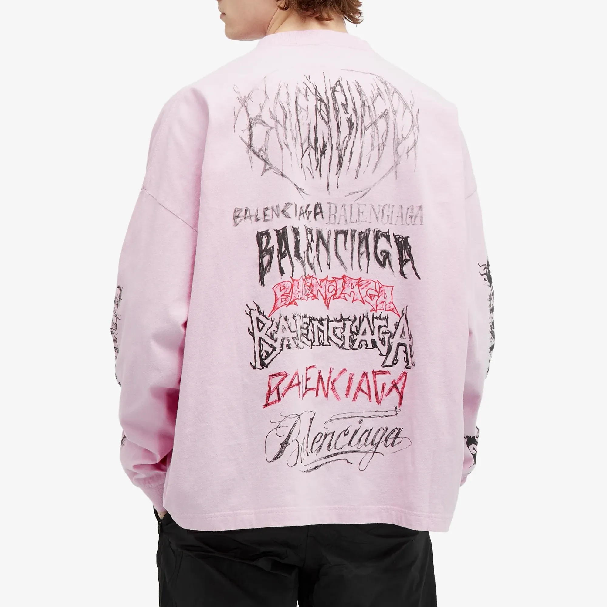 Balenciaga Men's Metal Logo Long Sleeve Tee Pink/Black/Red