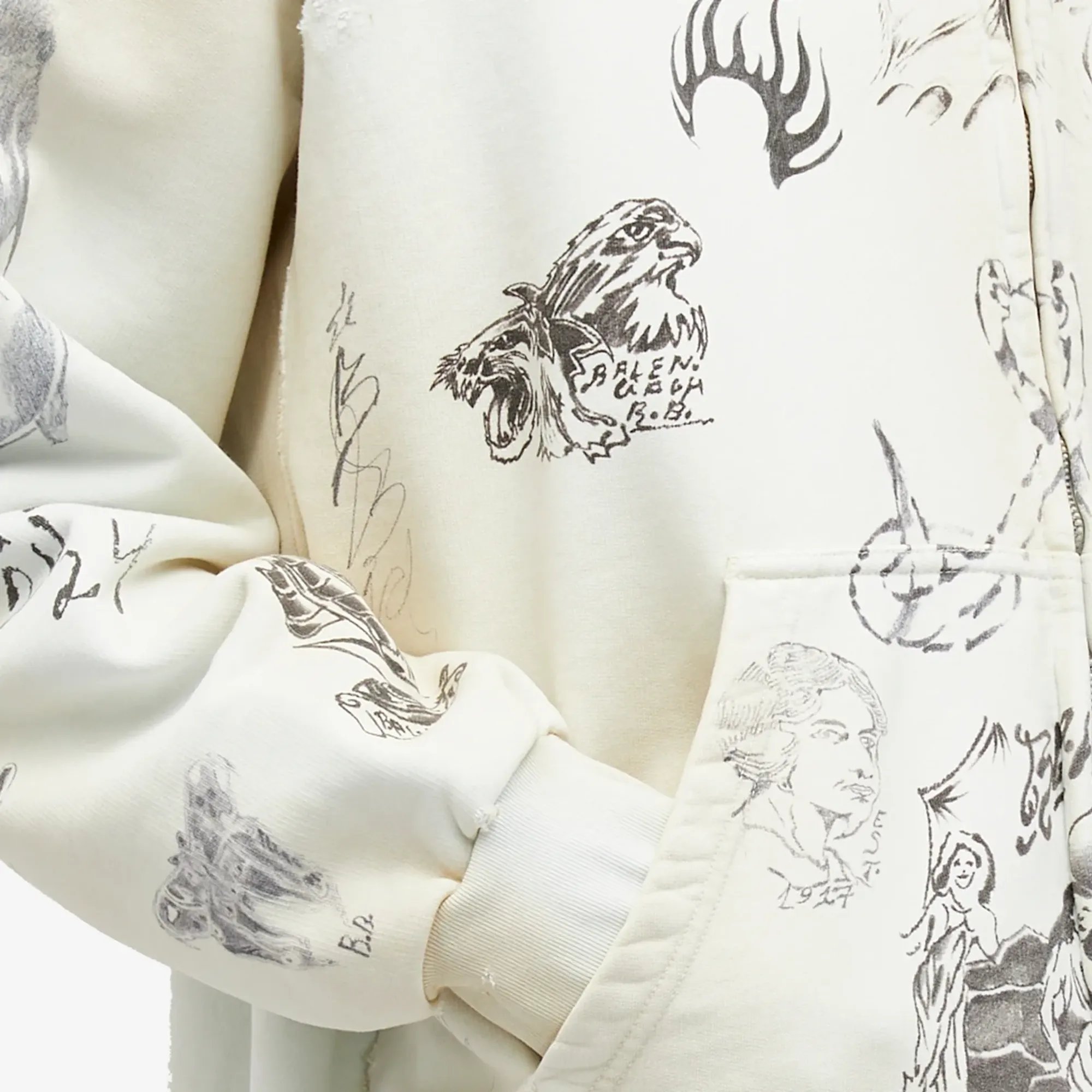 Balenciaga Men's Tattoo Zip Up Hoody Off White/Black | 770939