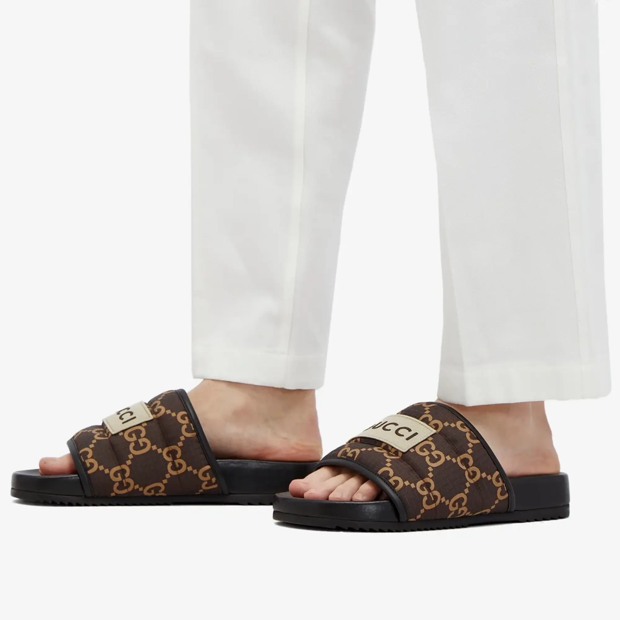 Gucci Men's GG Logo Ripstop Slide Ebony Beige