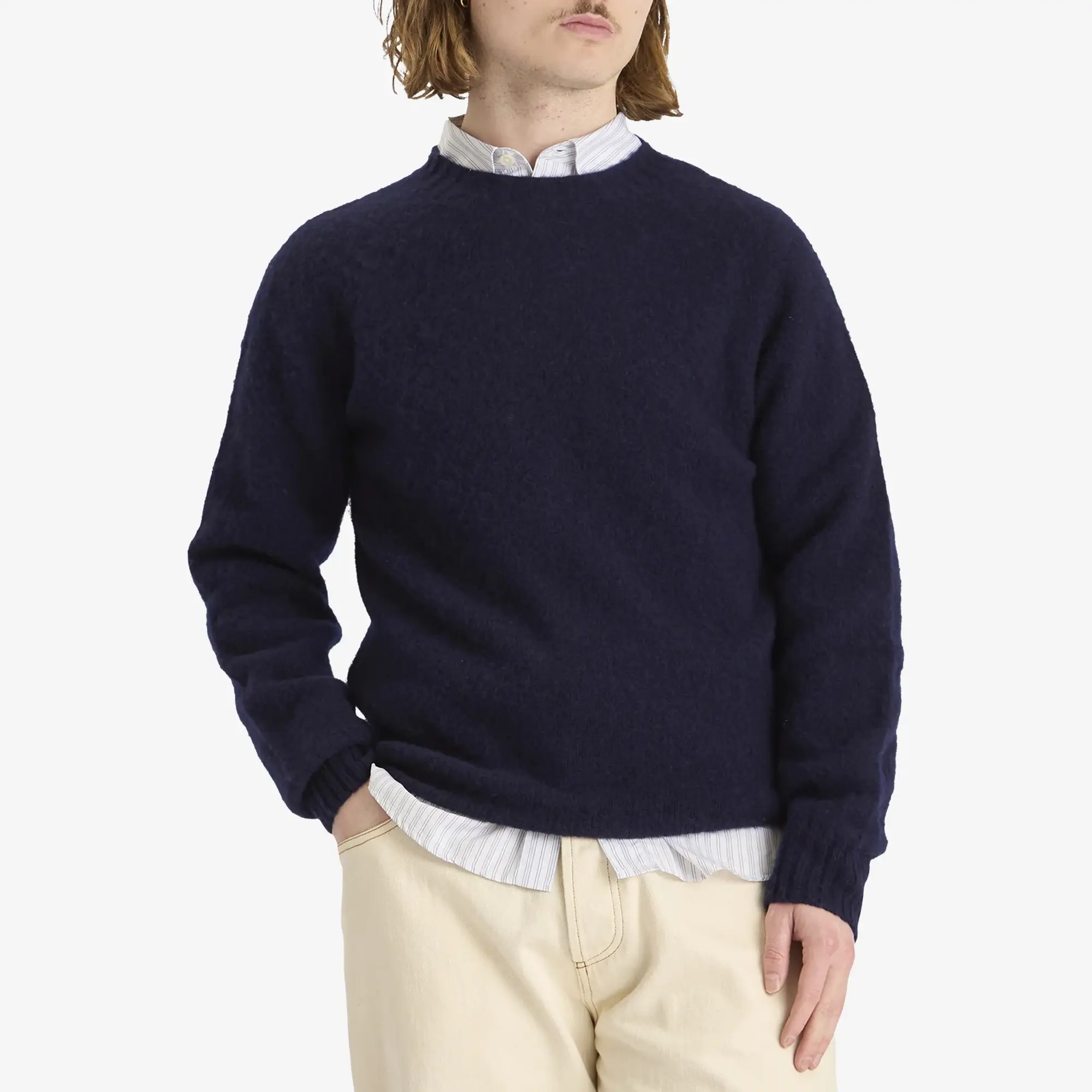 Drake's Men's Brushed Shetland Crew Knit Navy