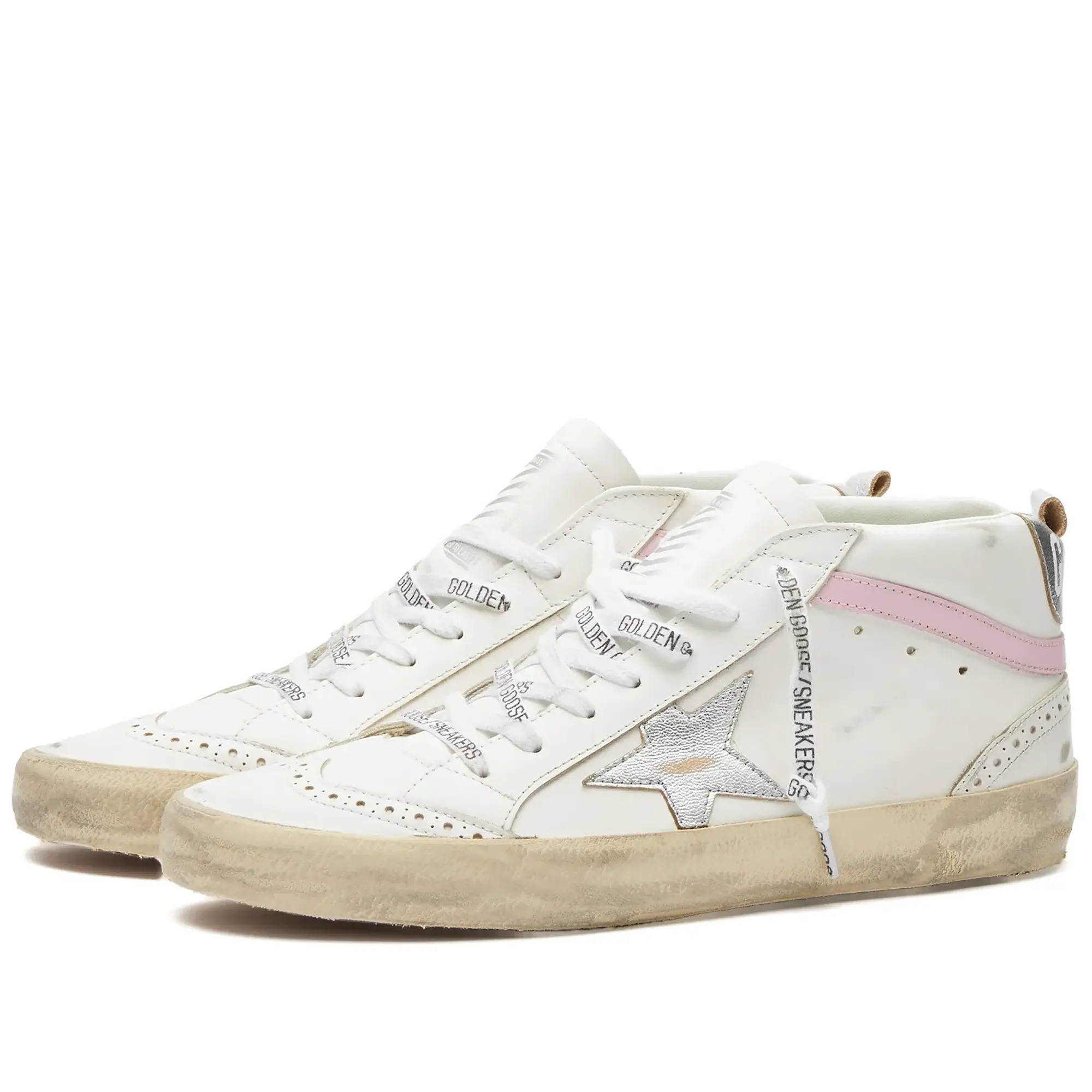 Golden Goose Women's Mid Star Leather Sneaker White/Silver/Pink