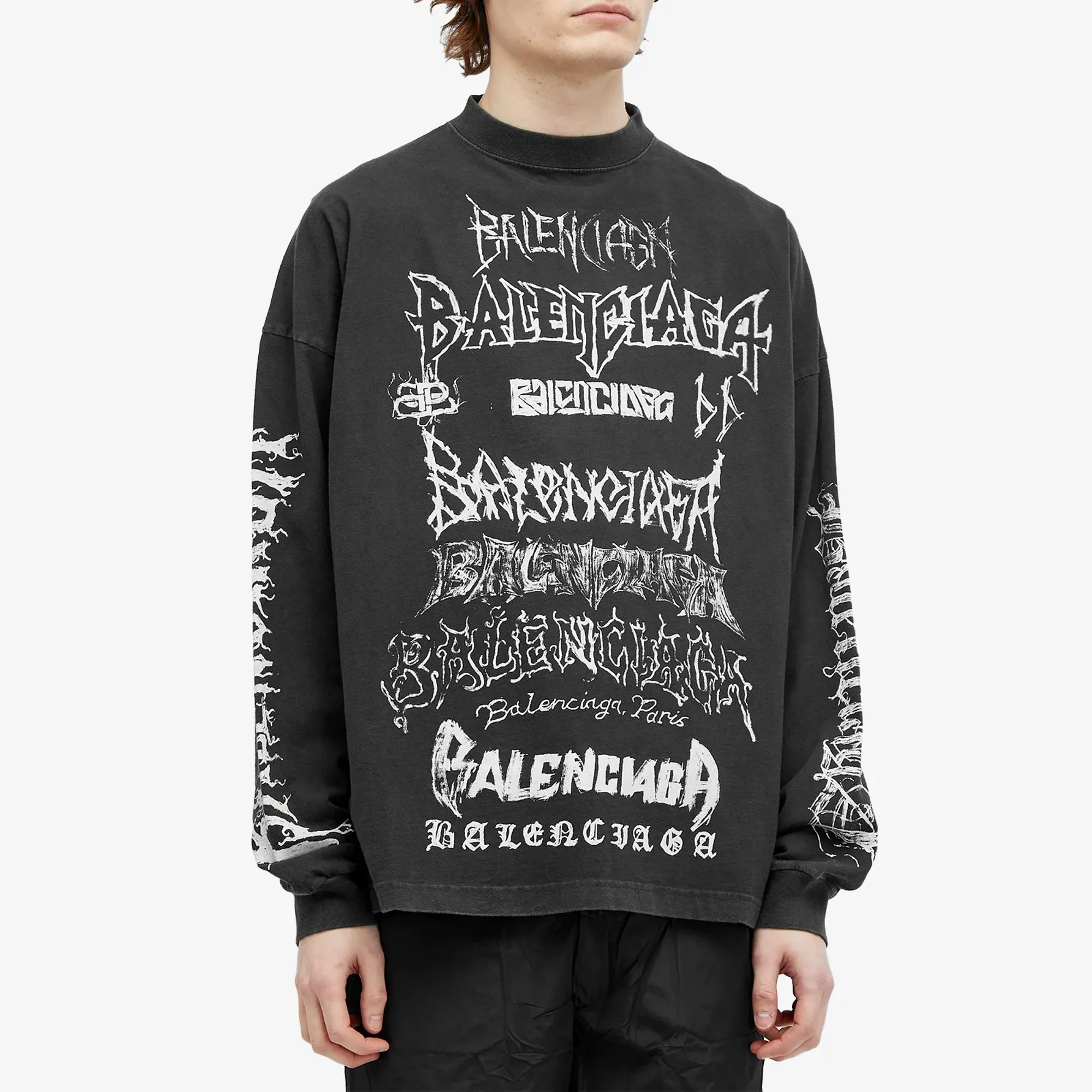 Balenciaga Men's Metal Logo Long Sleeve Tee Faded Black/White