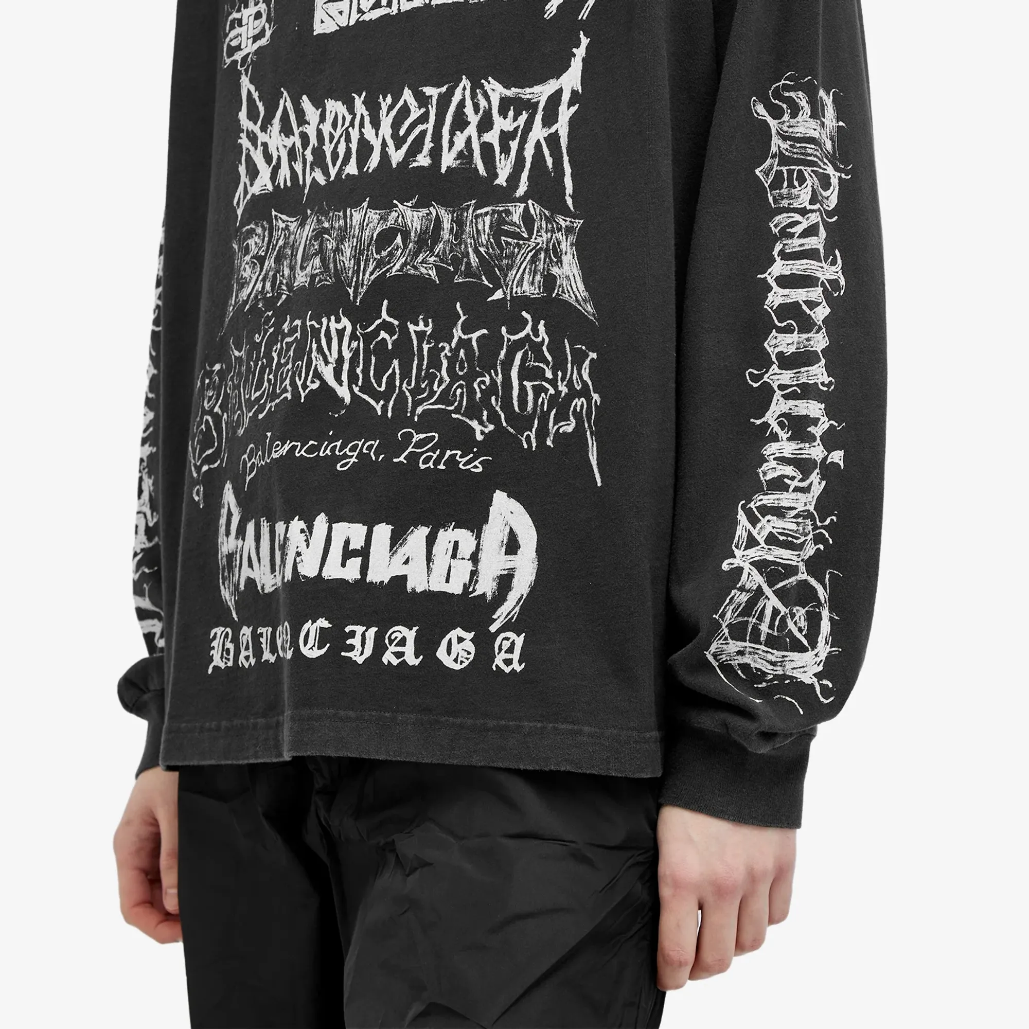 Balenciaga Men's Metal Logo Long Sleeve Tee Faded Black/White