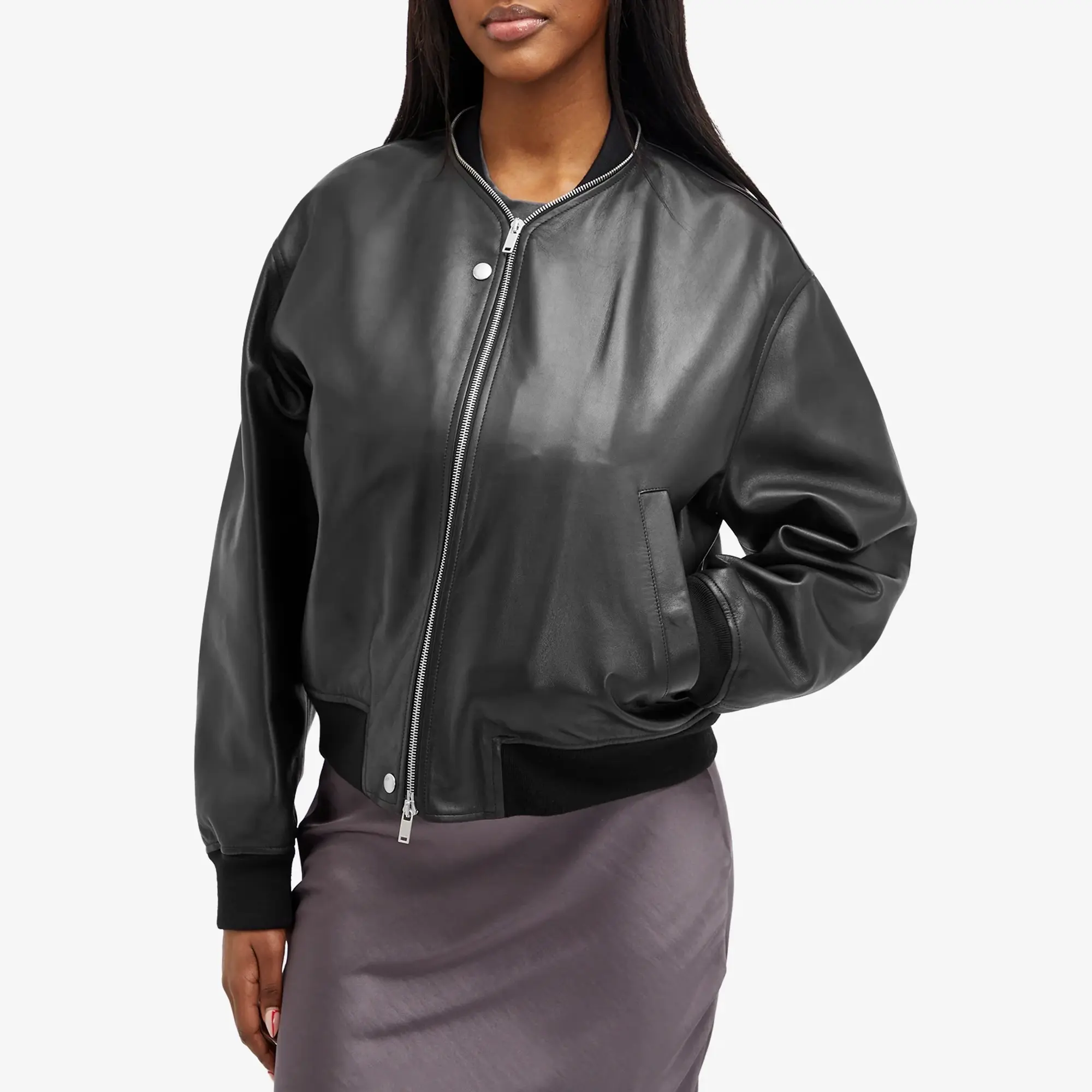 Jil Sander Women's Leather Bomber Jacket Black