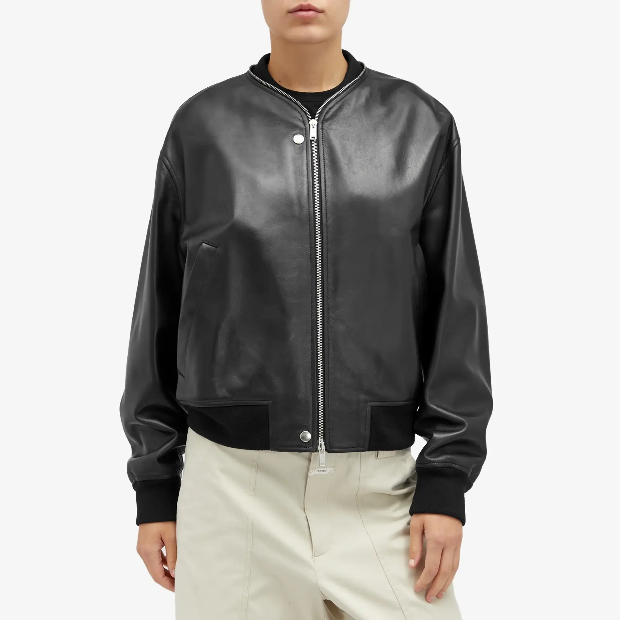 Jil Sander Women's Leather Bomber Jacket Black