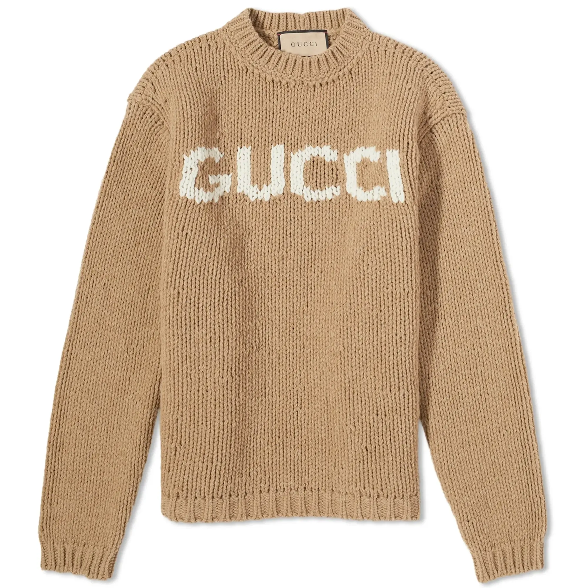 Gucci Men's Intarsia Logo Crew Knit Camel