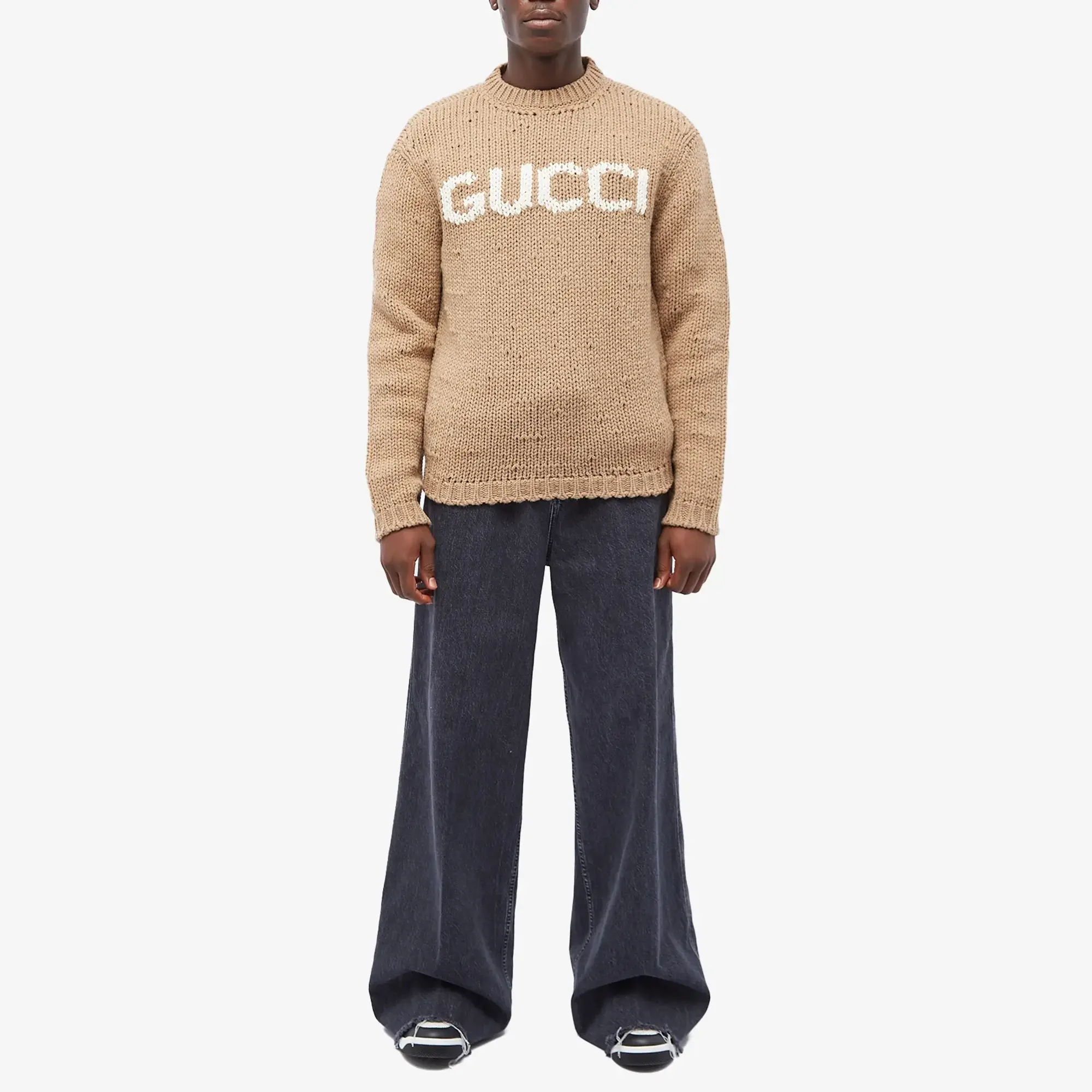 Gucci Men's Intarsia Logo Crew Knit Camel