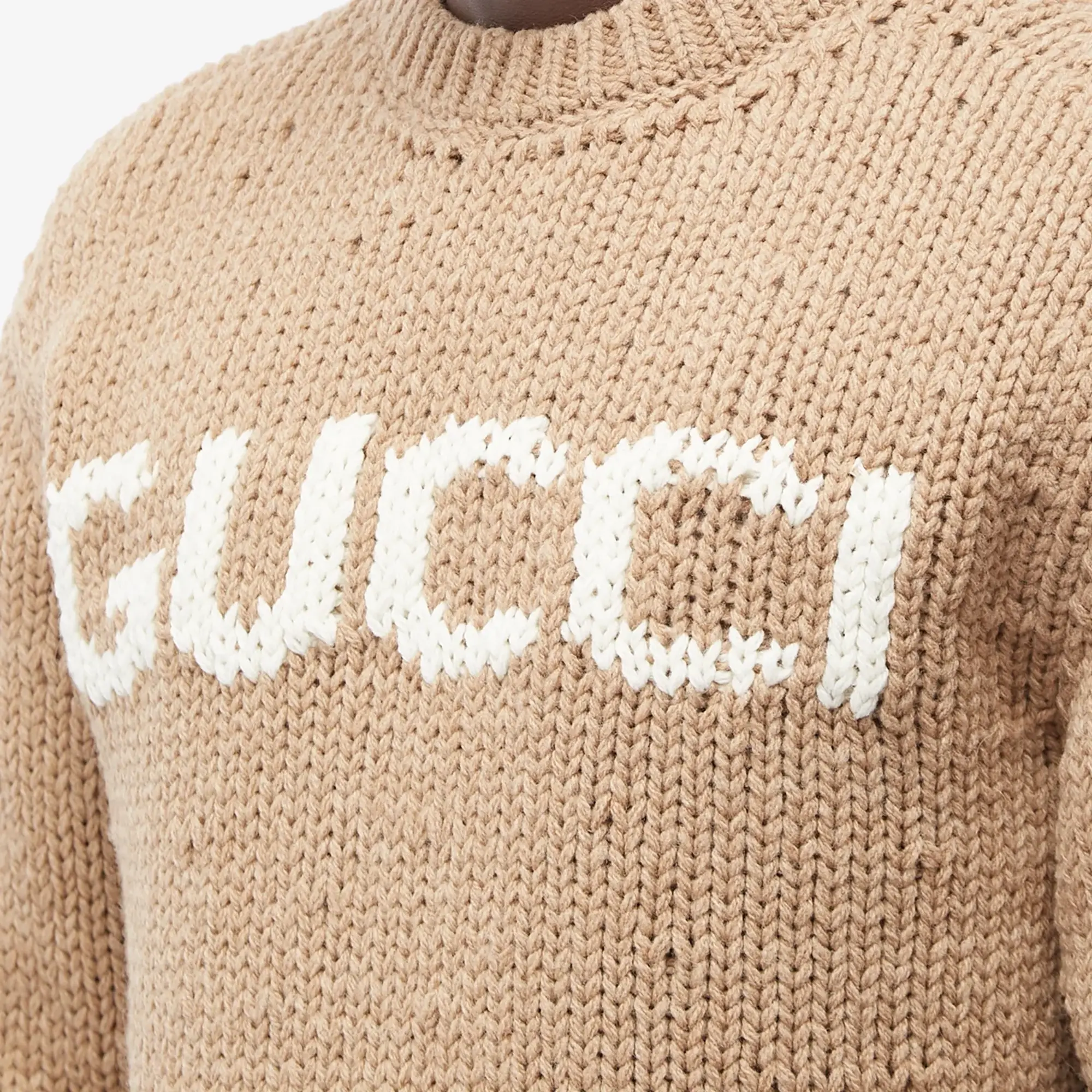 Gucci Men's Intarsia Logo Crew Knit Camel