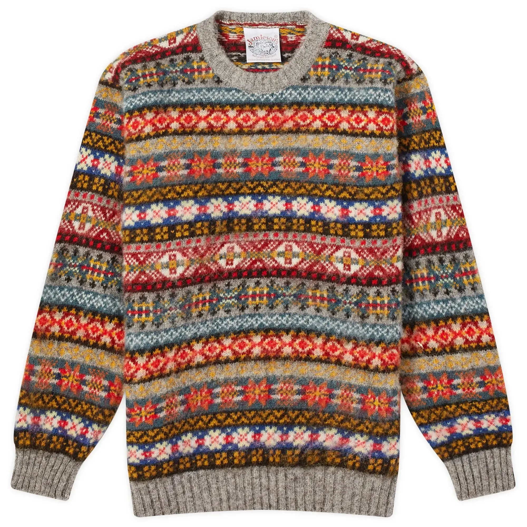 Jamieson's of Shetland Men's Brushed Fair Isle Crew Knit Steel Grey