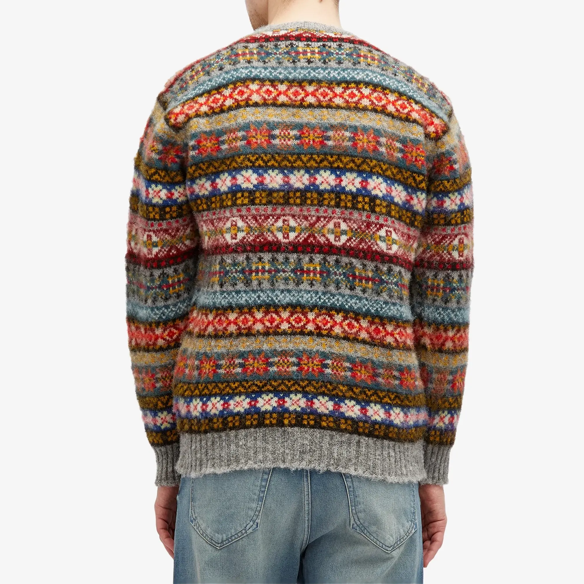 Jamieson's of Shetland Men's Brushed Fair Isle Crew Knit Steel Grey