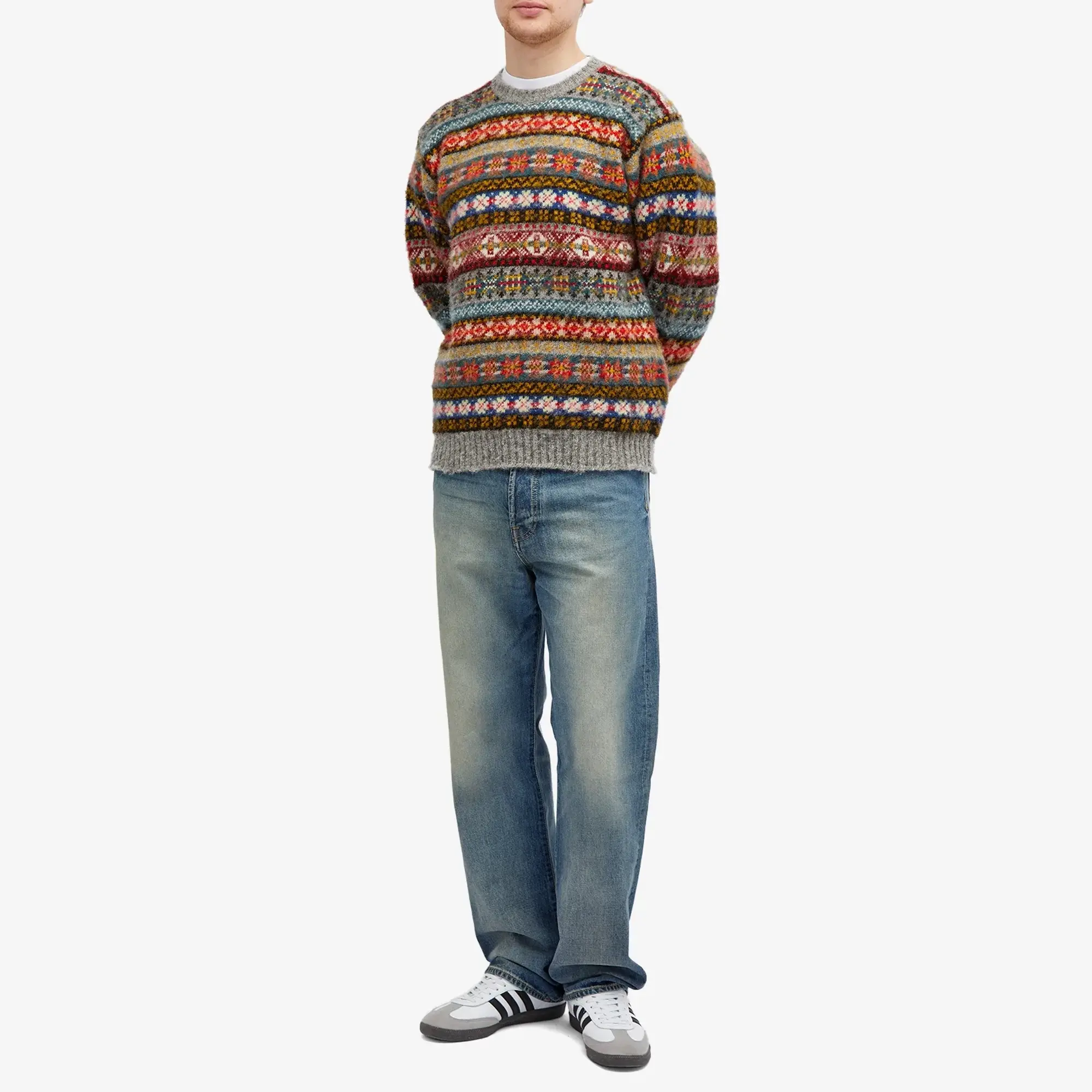 Jamieson's of Shetland Men's Brushed Fair Isle Crew Knit Steel Grey
