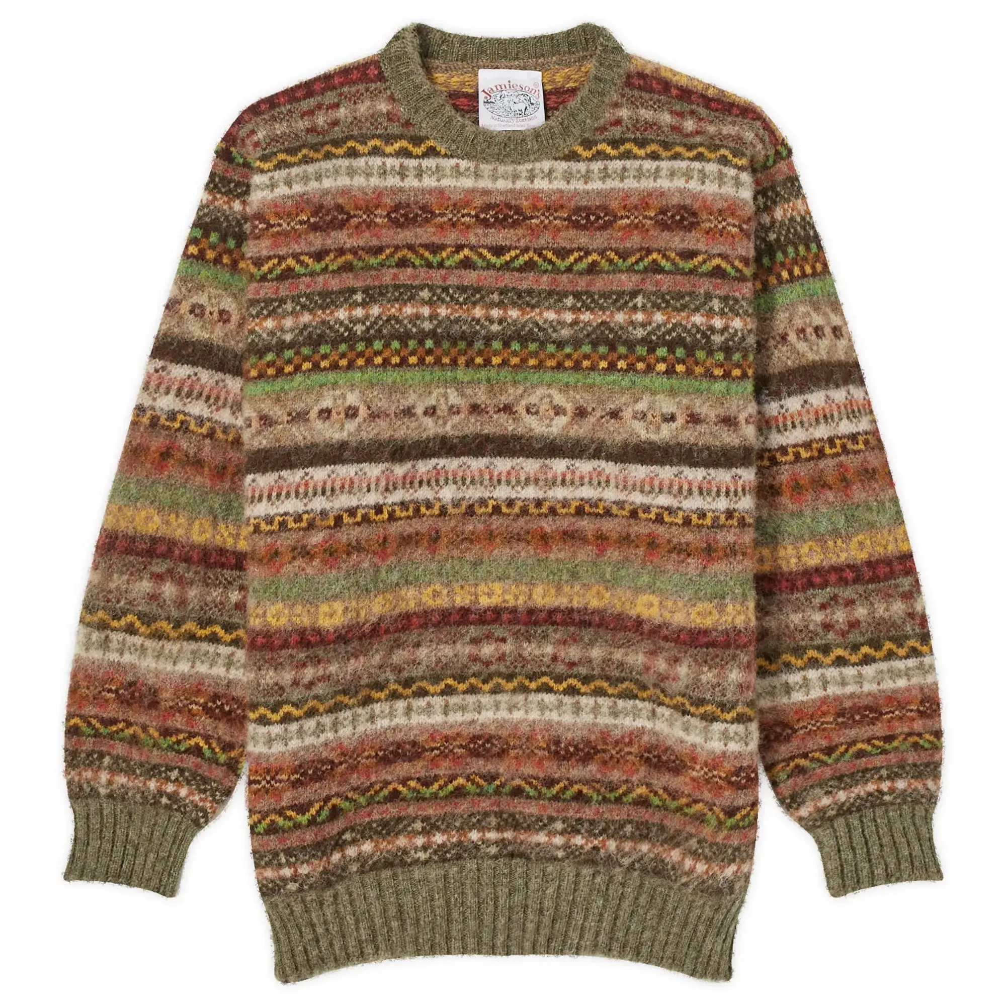 Jamieson's of Shetland Men's Brushed Fair Isle Crew Knit Artichoke