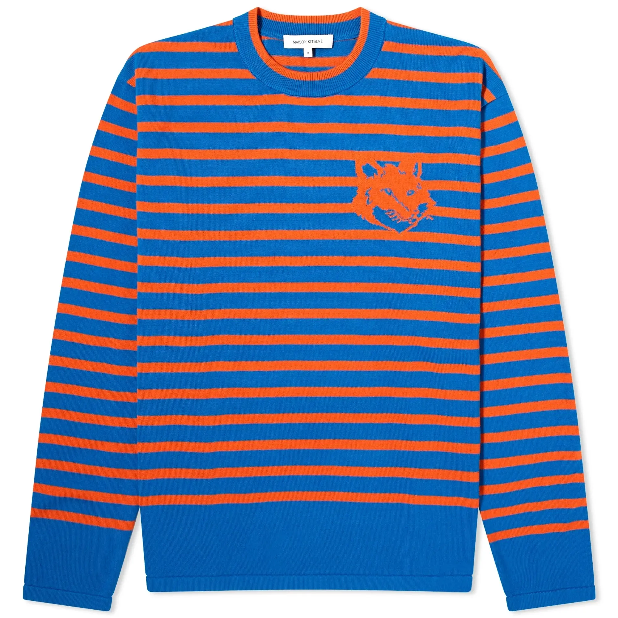Maison Kitsuné Men's Fox Head Intarsia Stripe Sweat Hampton Blue/Tobacco Stripe