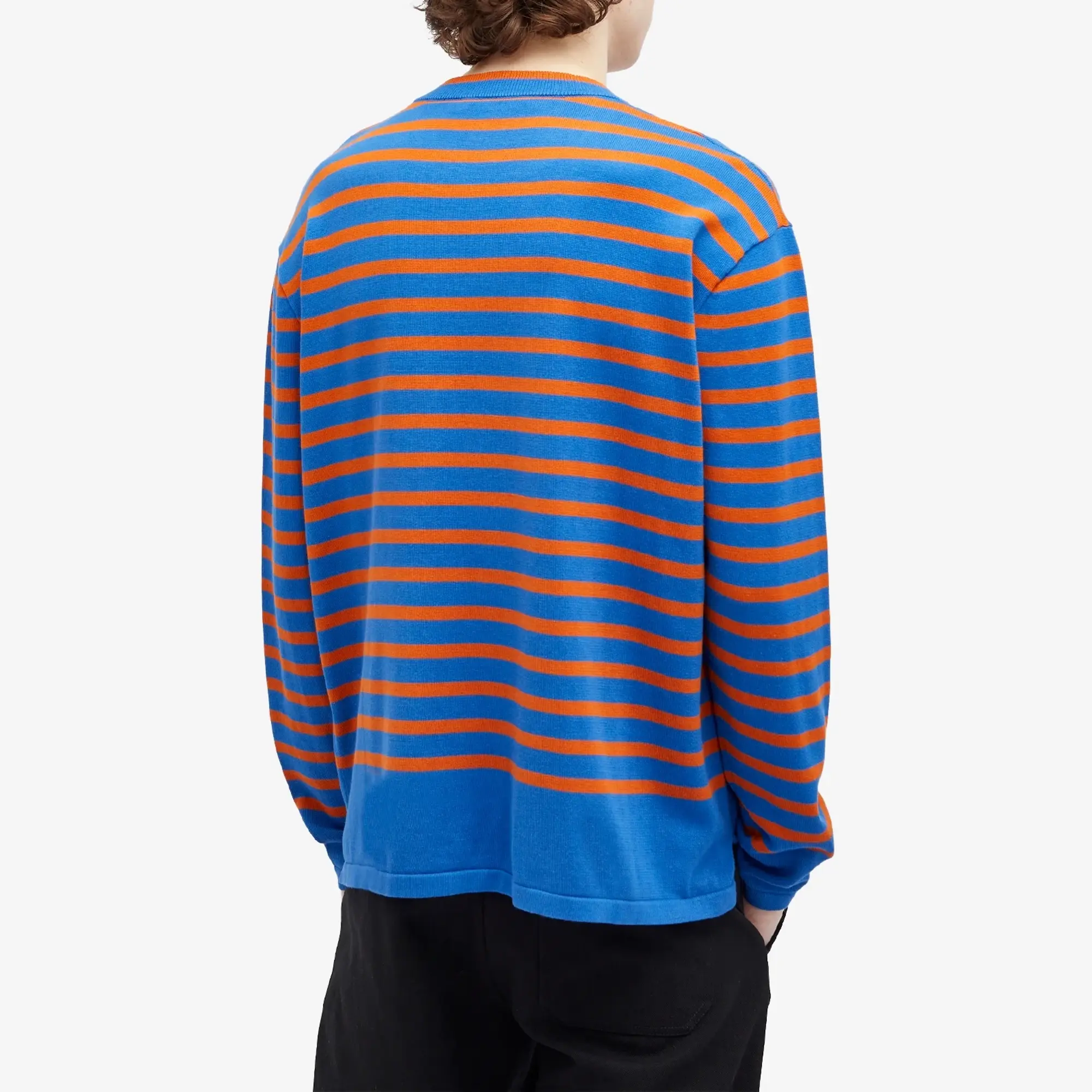 Maison Kitsuné Men's Fox Head Intarsia Stripe Sweat Hampton Blue/Tobacco Stripe