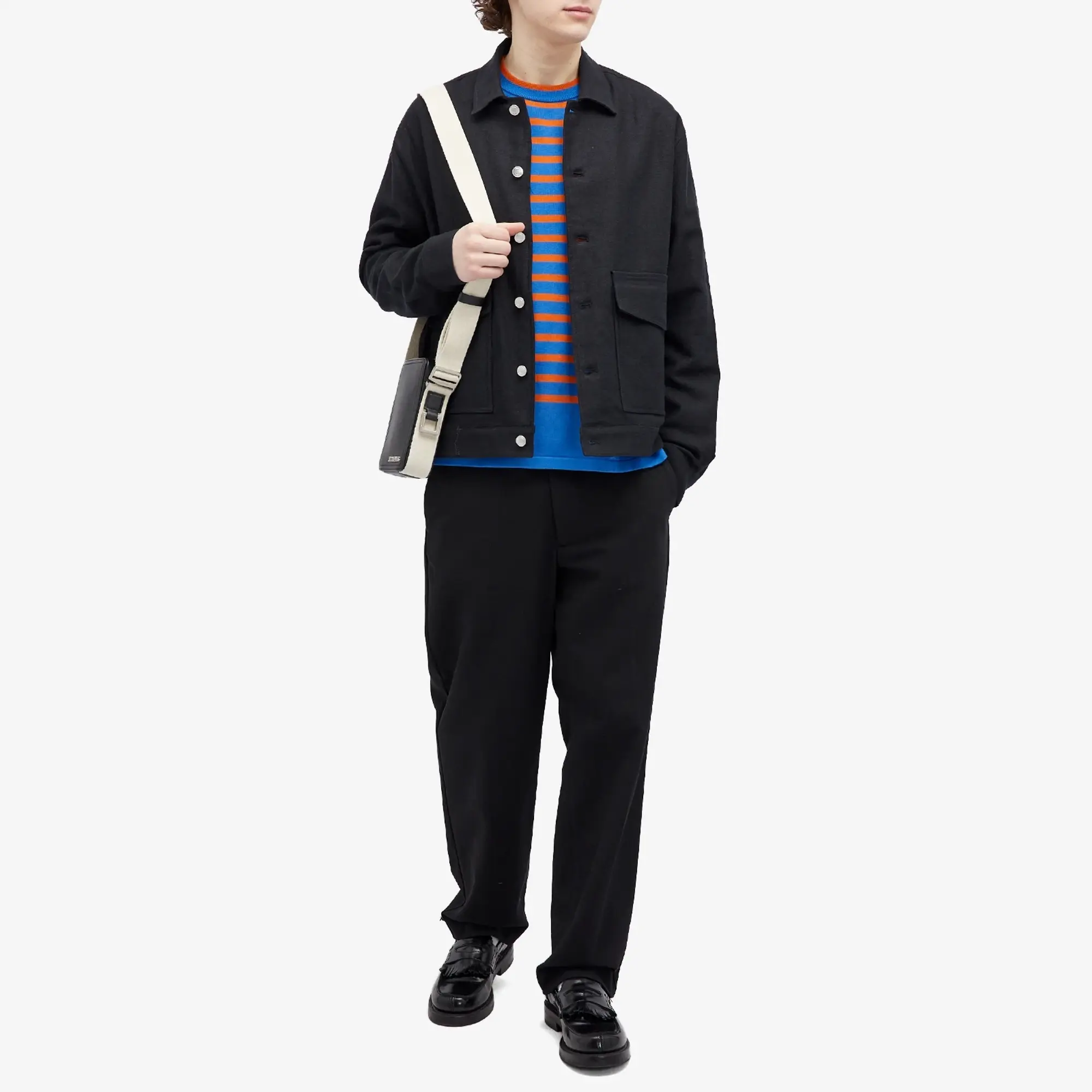 Maison Kitsuné Men's Fox Head Intarsia Stripe Sweat Hampton Blue/Tobacco Stripe