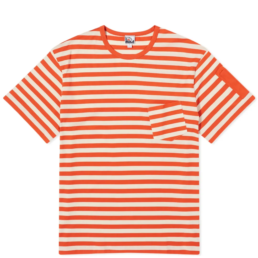 トップス Nigel Cabourn SUNSPEL AUTHENTIC LINE Sunspel Men's x Nigel Cabourn Stripe Pocket T-shirt Orange/Stone