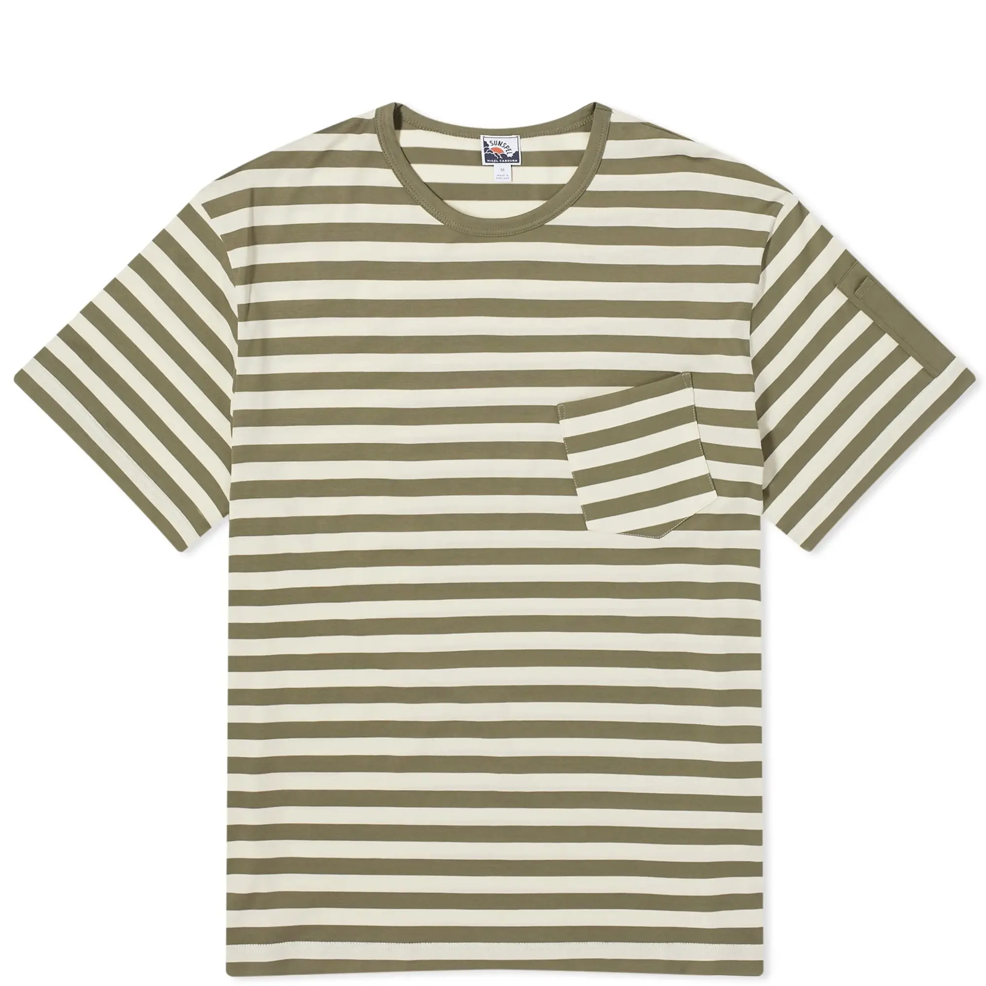 Sunspel Men's x Nigel Cabourn Stripe Pocket T-shirt Army Green/Stone White Wide Stripe