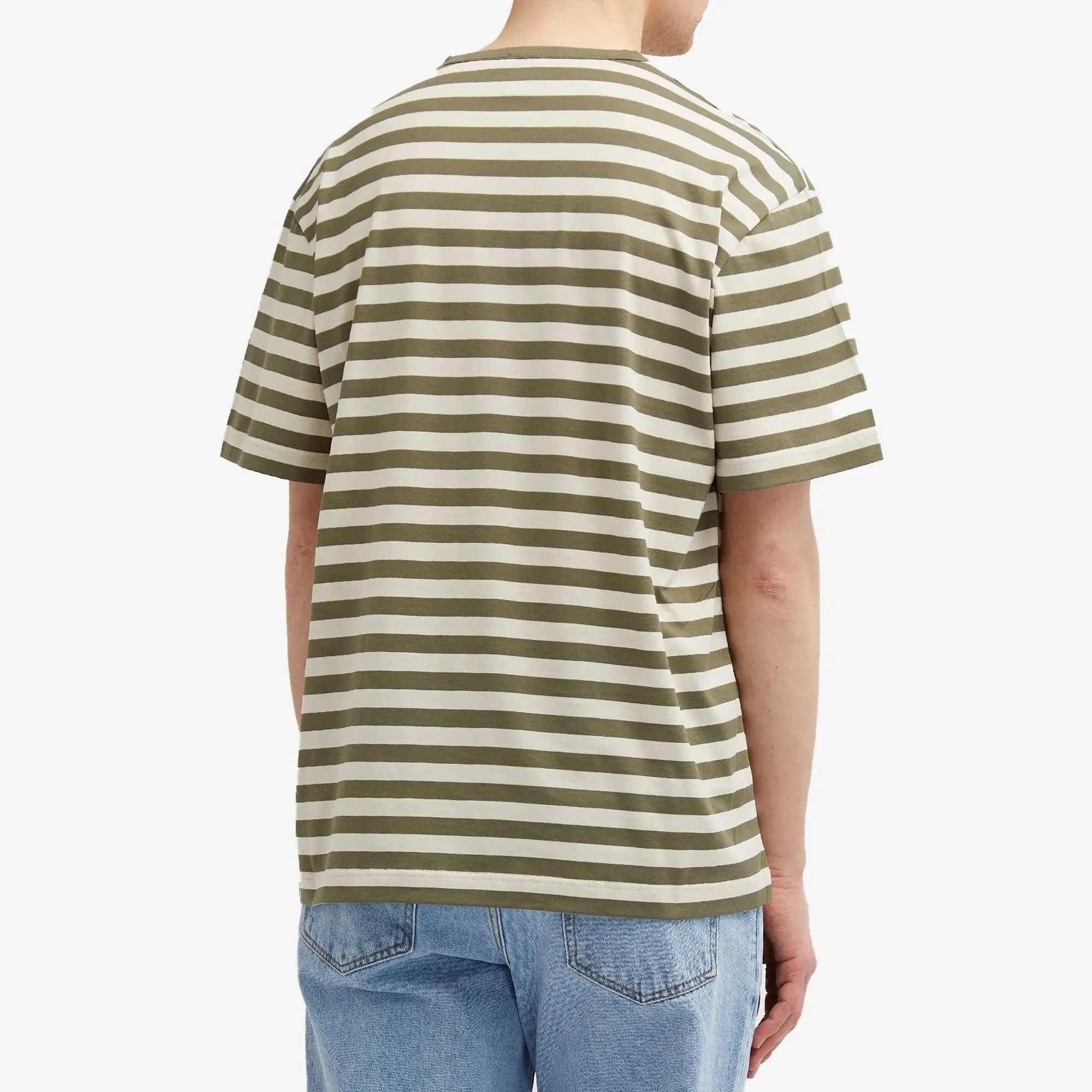 Sunspel Men's x Nigel Cabourn Stripe Pocket T-shirt Army Green/Stone White Wide Stripe