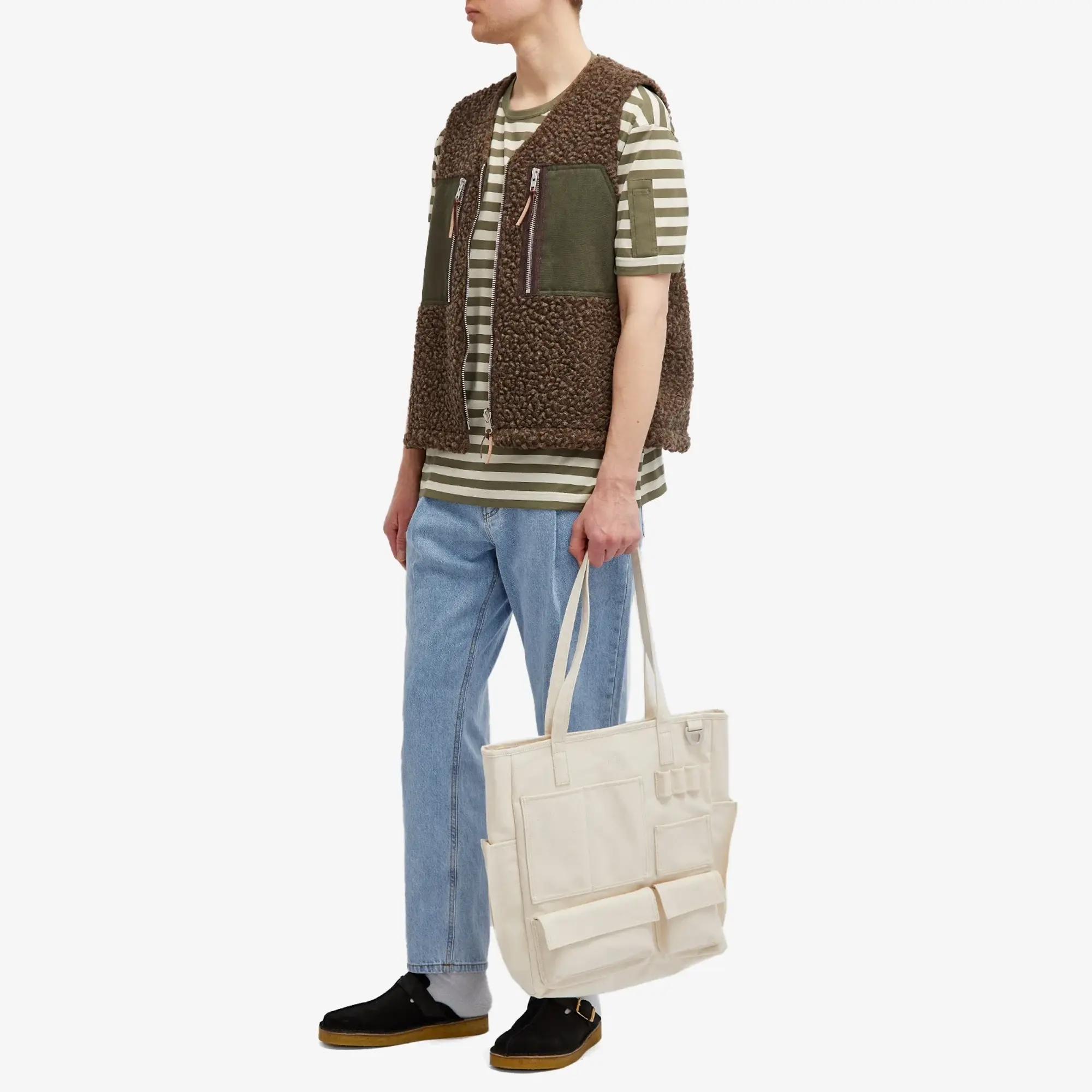 Sunspel Men's x Nigel Cabourn Stripe Pocket T-shirt Army Green/Stone White Wide Stripe