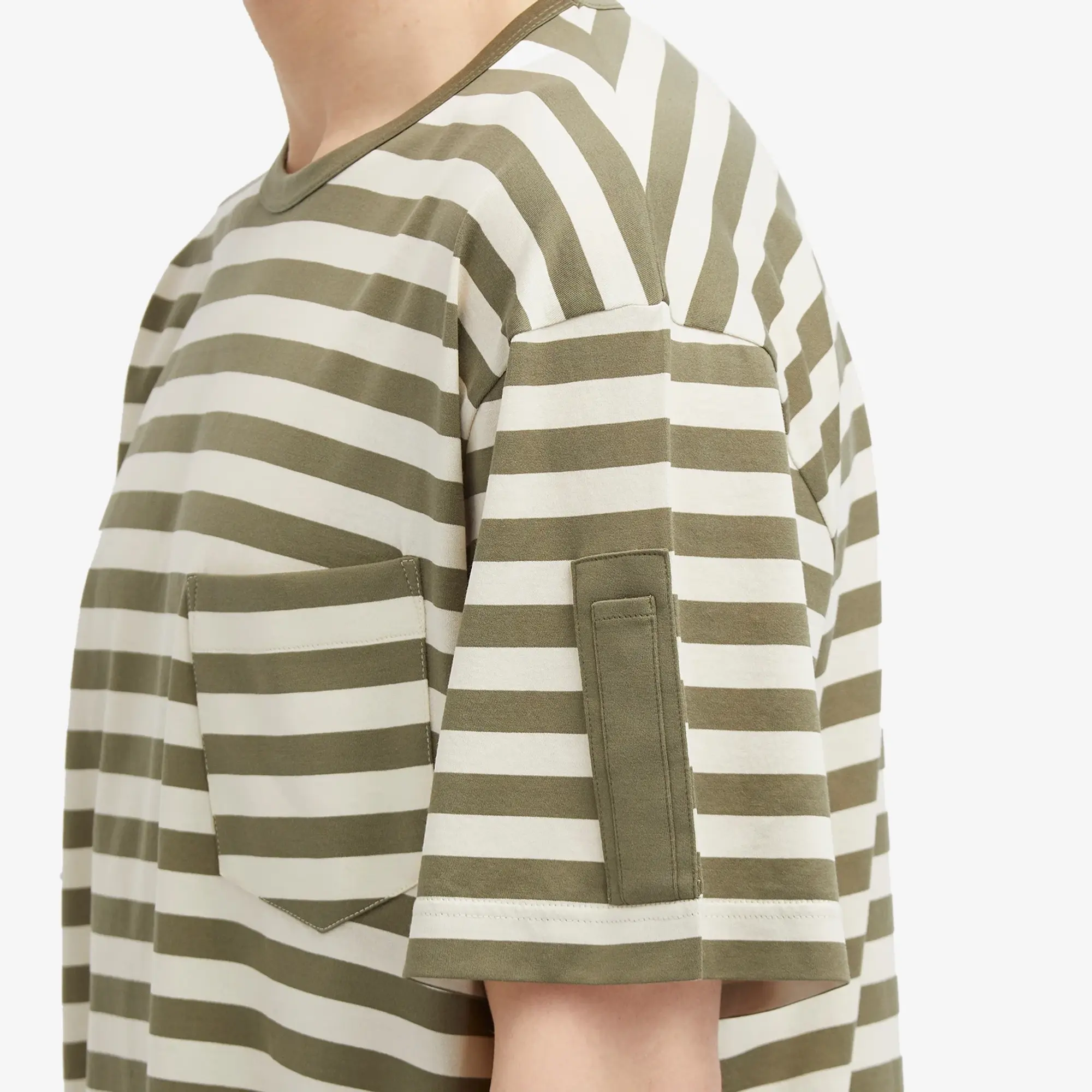 Sunspel Men's x Nigel Cabourn Stripe Pocket T-shirt Army Green/Stone White Wide Stripe