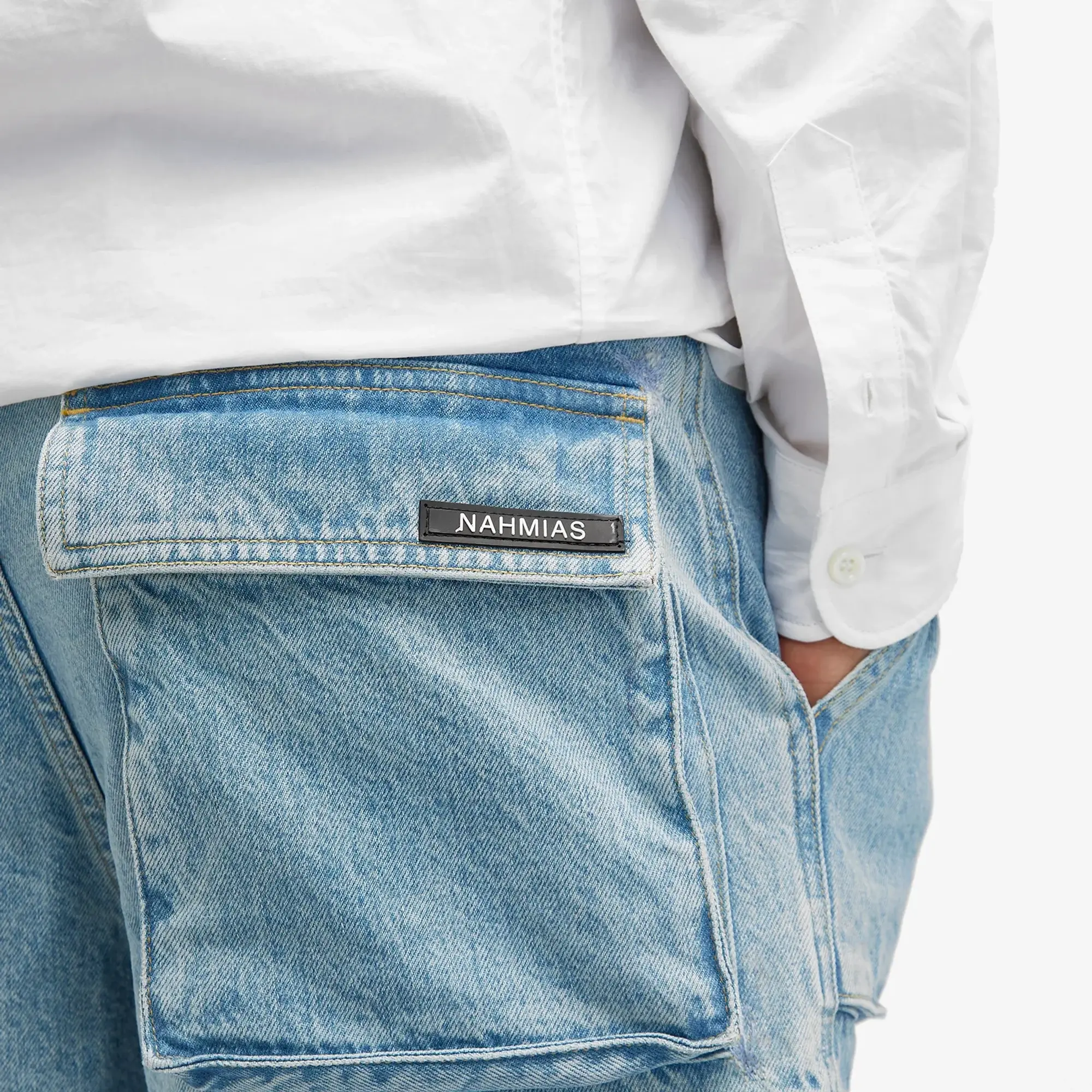 Nahmias Men's Denim Logo Cargo Shorts Light Wash