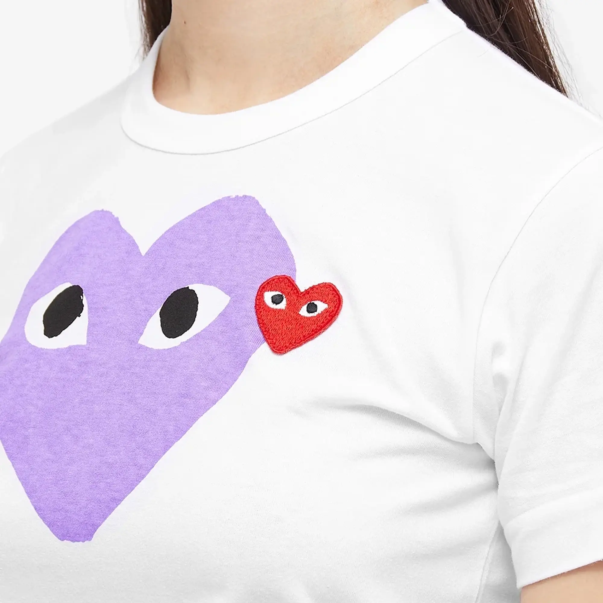 Comme des Garcons Play Comme des Garcons Play Women s Double Heart Logo T Shirt White Purple P1T105 WHPP FOOTY.COM