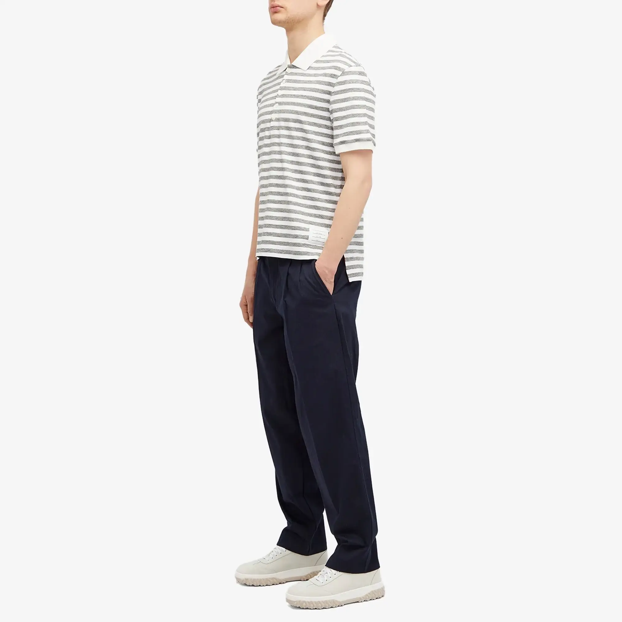 Thom Browne Men's Striped Linen Polo Light Grey
