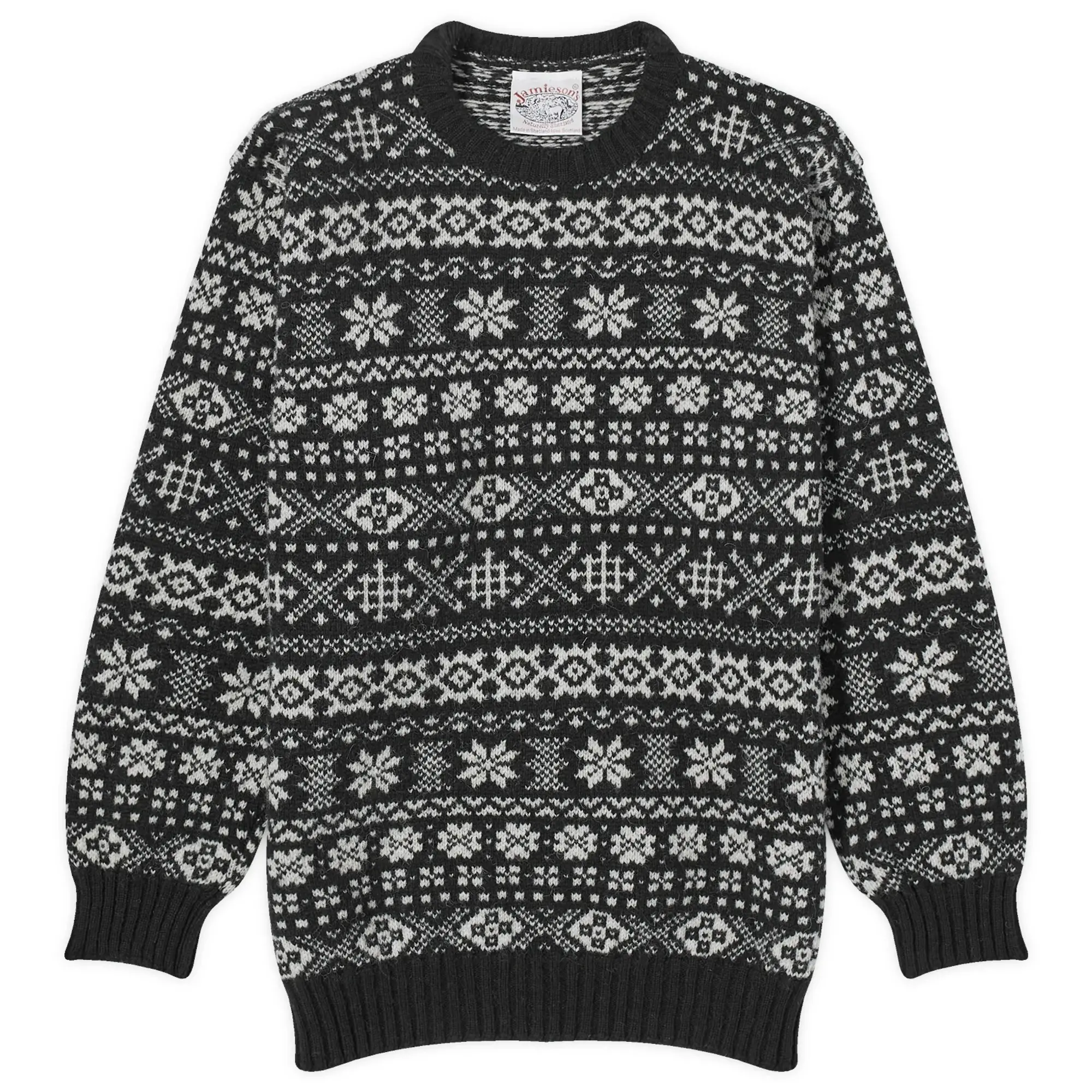 Jamieson's of Shetland Men's Snowflake Fair Isle Crew Knit Black/White