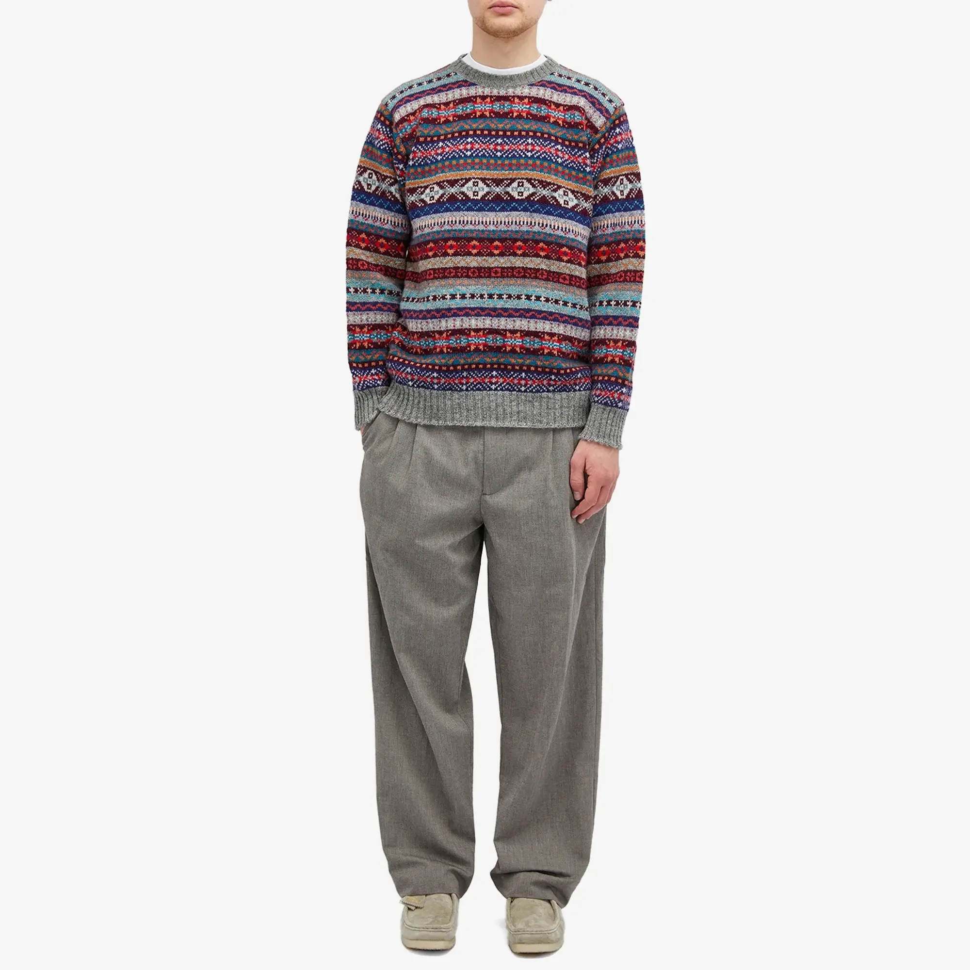 Jamieson's of Shetland Men's Fair Isle Crew Knit Grey Mix