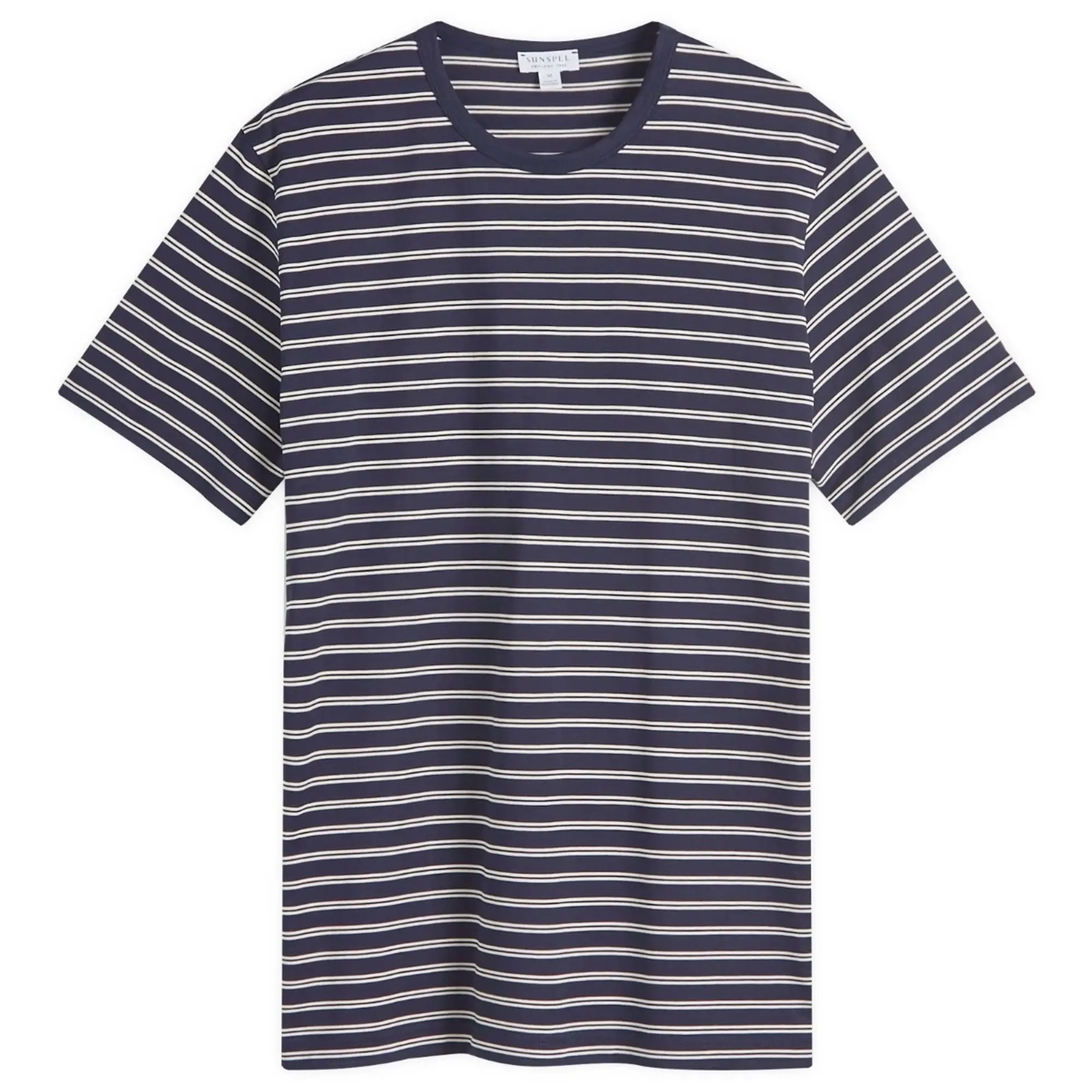 Sunspel Men's Classic Crew Neck Stripe T-Shirt Navy/Ecru Tramline Stripe