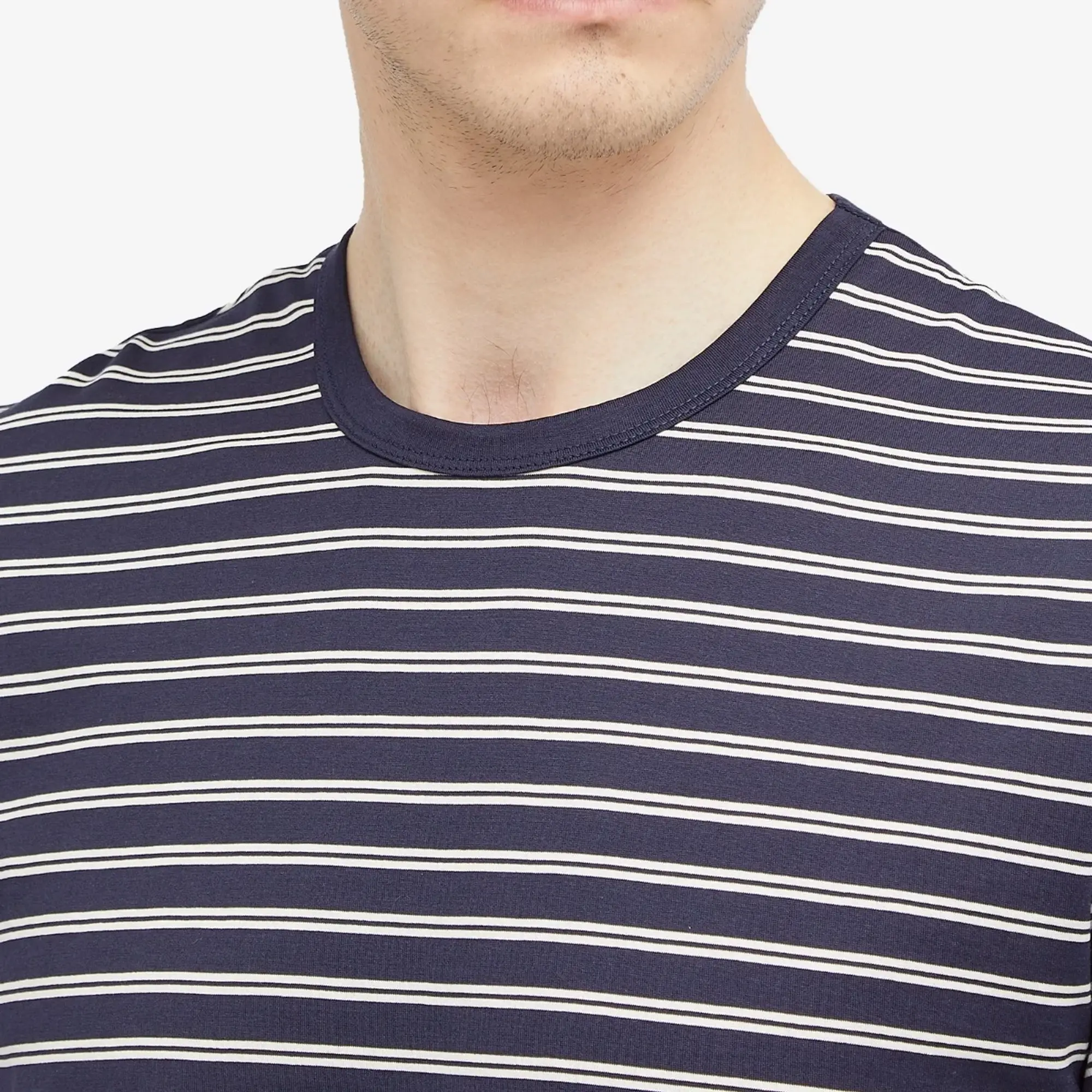 Sunspel Men's Classic Crew Neck Stripe T-Shirt Navy/Ecru Tramline Stripe