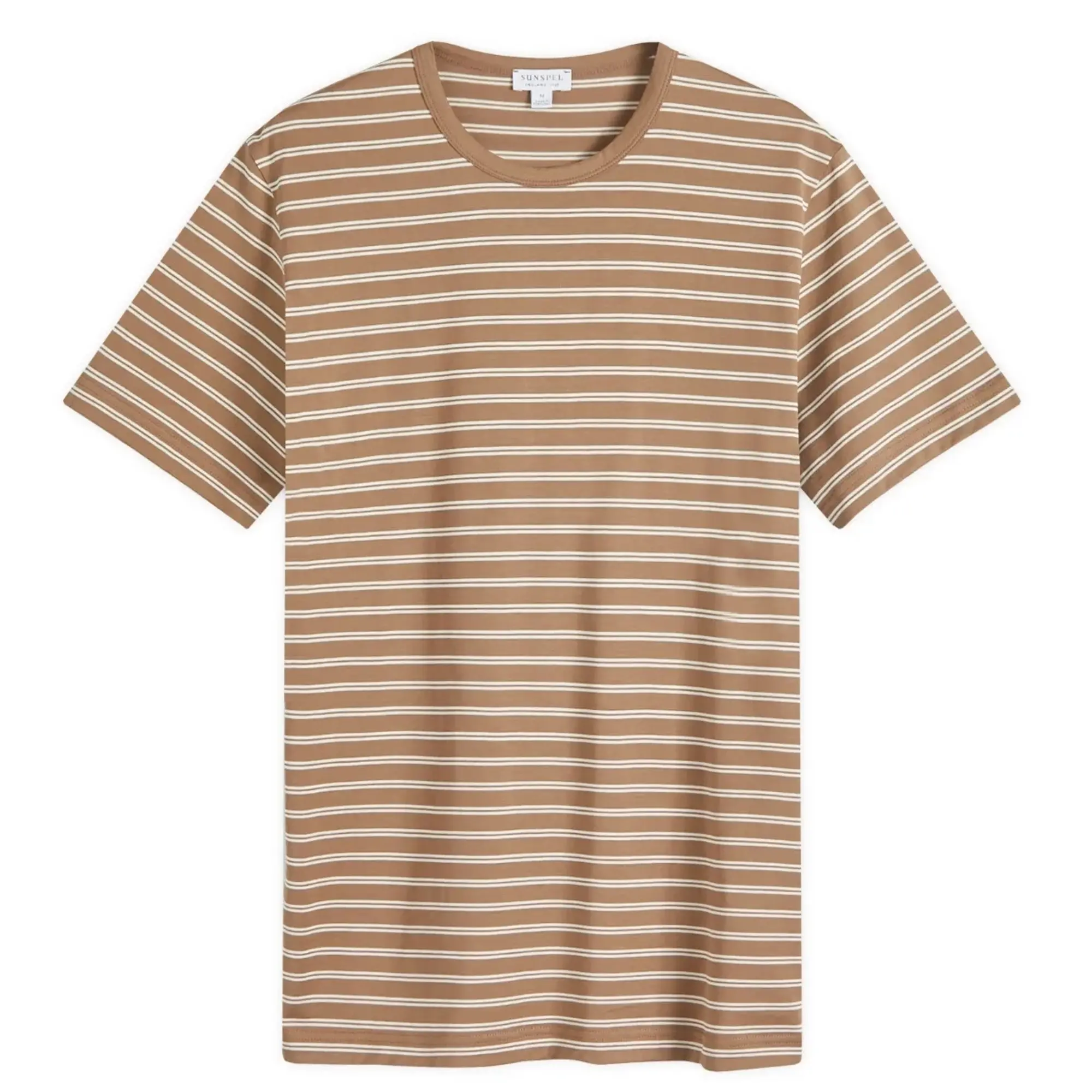Sunspel Men's Classic Crew Neck Stripe T-Shirt Dark Sand/Ecru Tramline Stripe