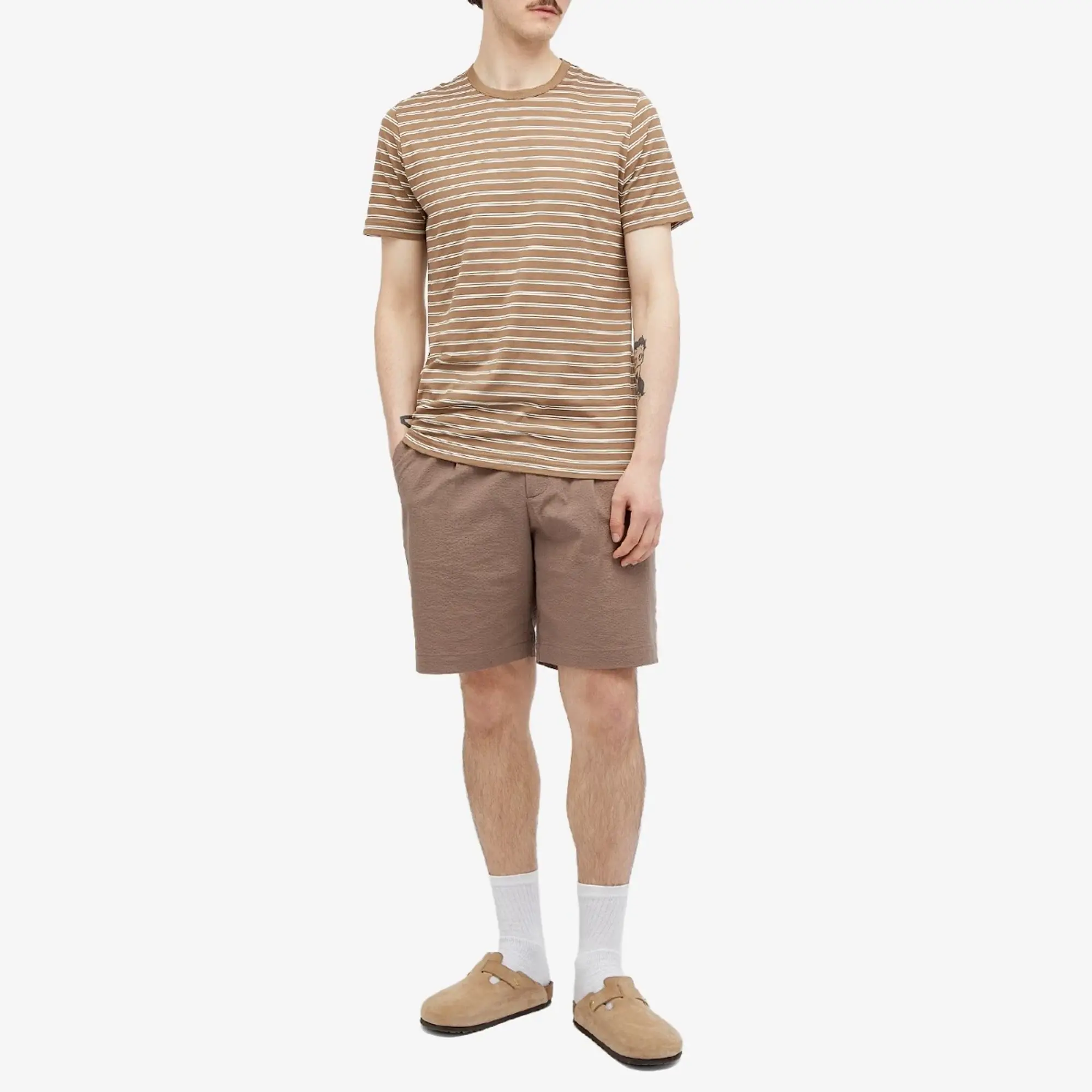 Sunspel Men's Classic Crew Neck Stripe T-Shirt Dark Sand/Ecru Tramline Stripe