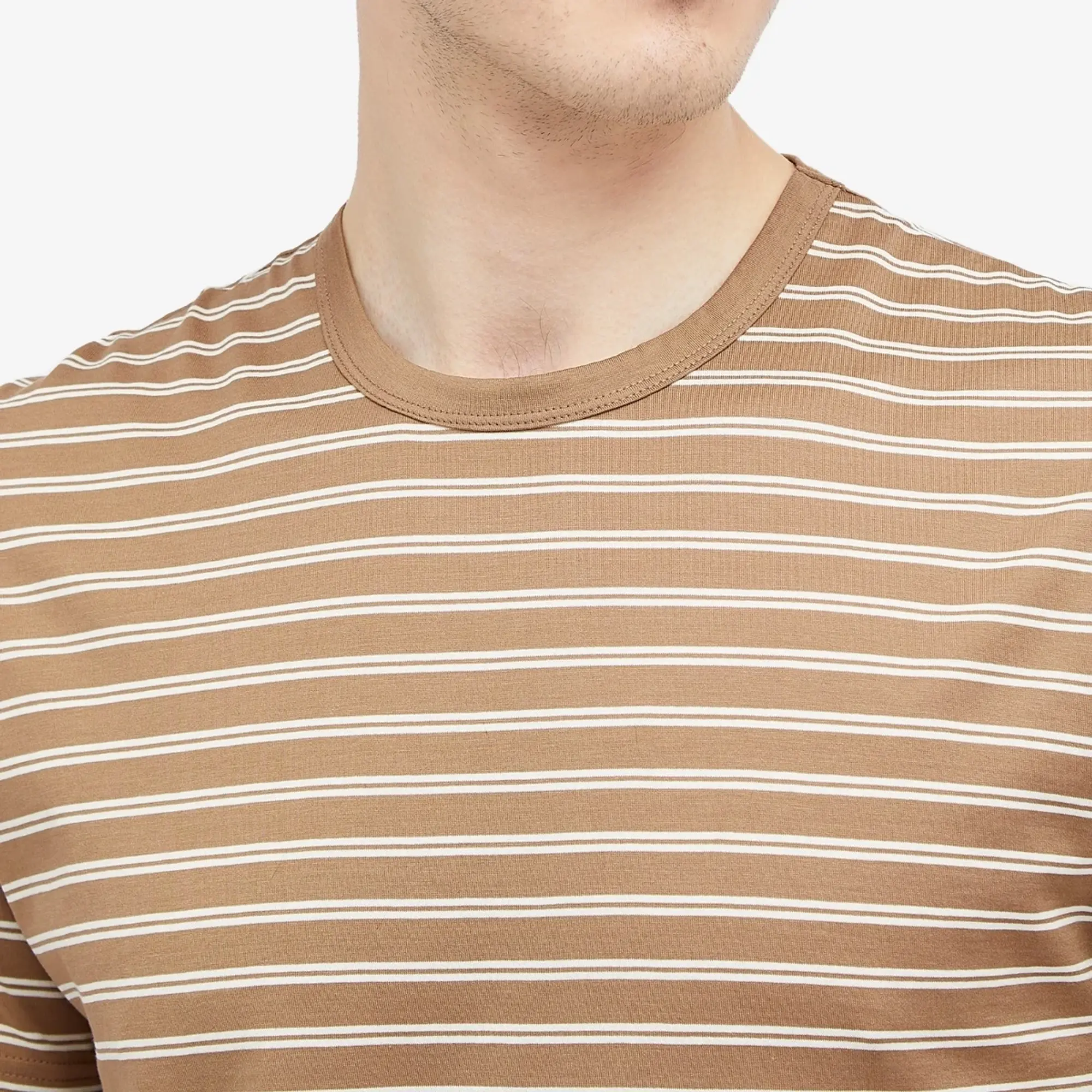 Sunspel Men's Classic Crew Neck Stripe T-Shirt Dark Sand/Ecru Tramline Stripe