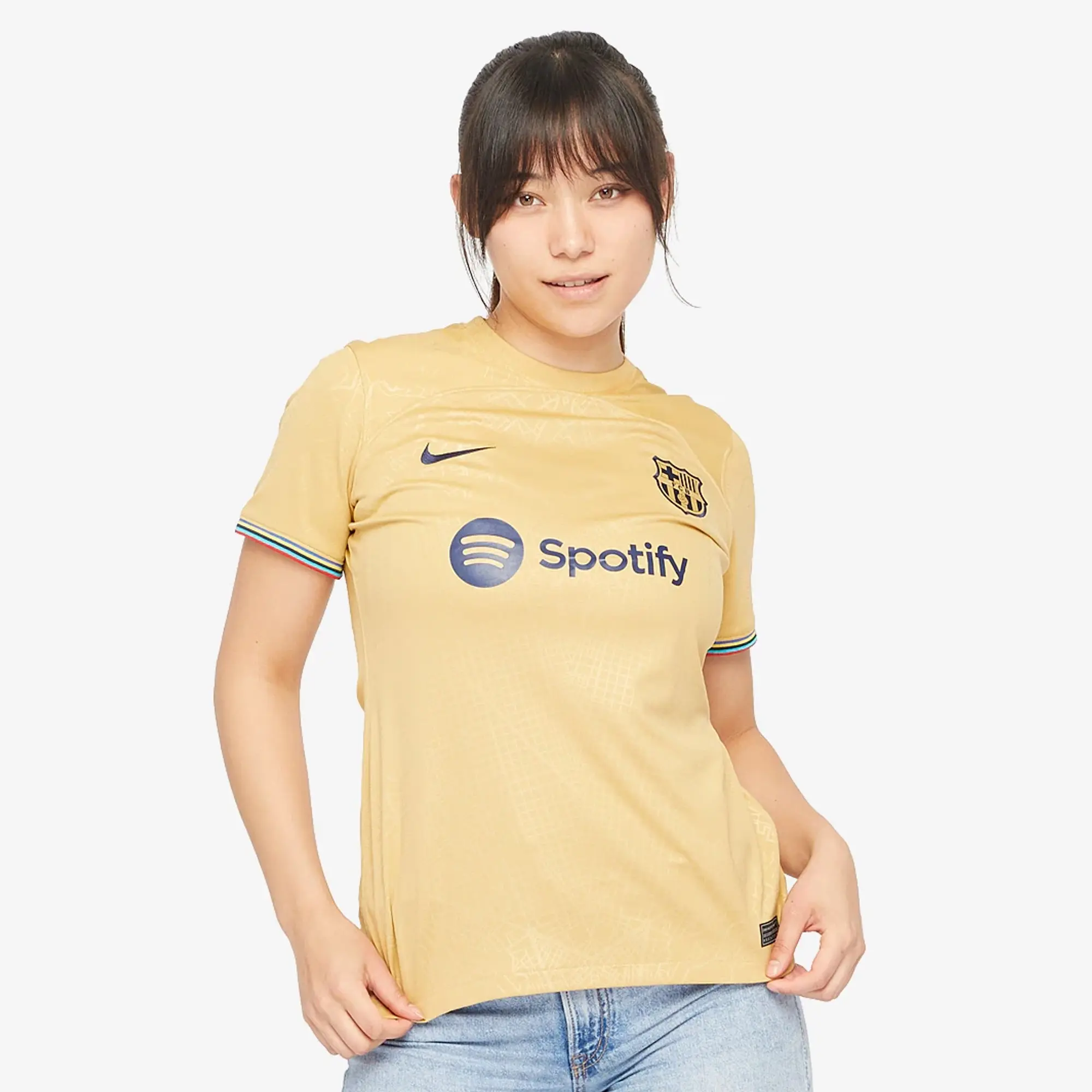 Nike FC Barcelona 22 23 Womens Away Stadium SS Shirt With Sponsor Club Gold Club Gold Obsidian DJ7770 714 FOOTY.COM