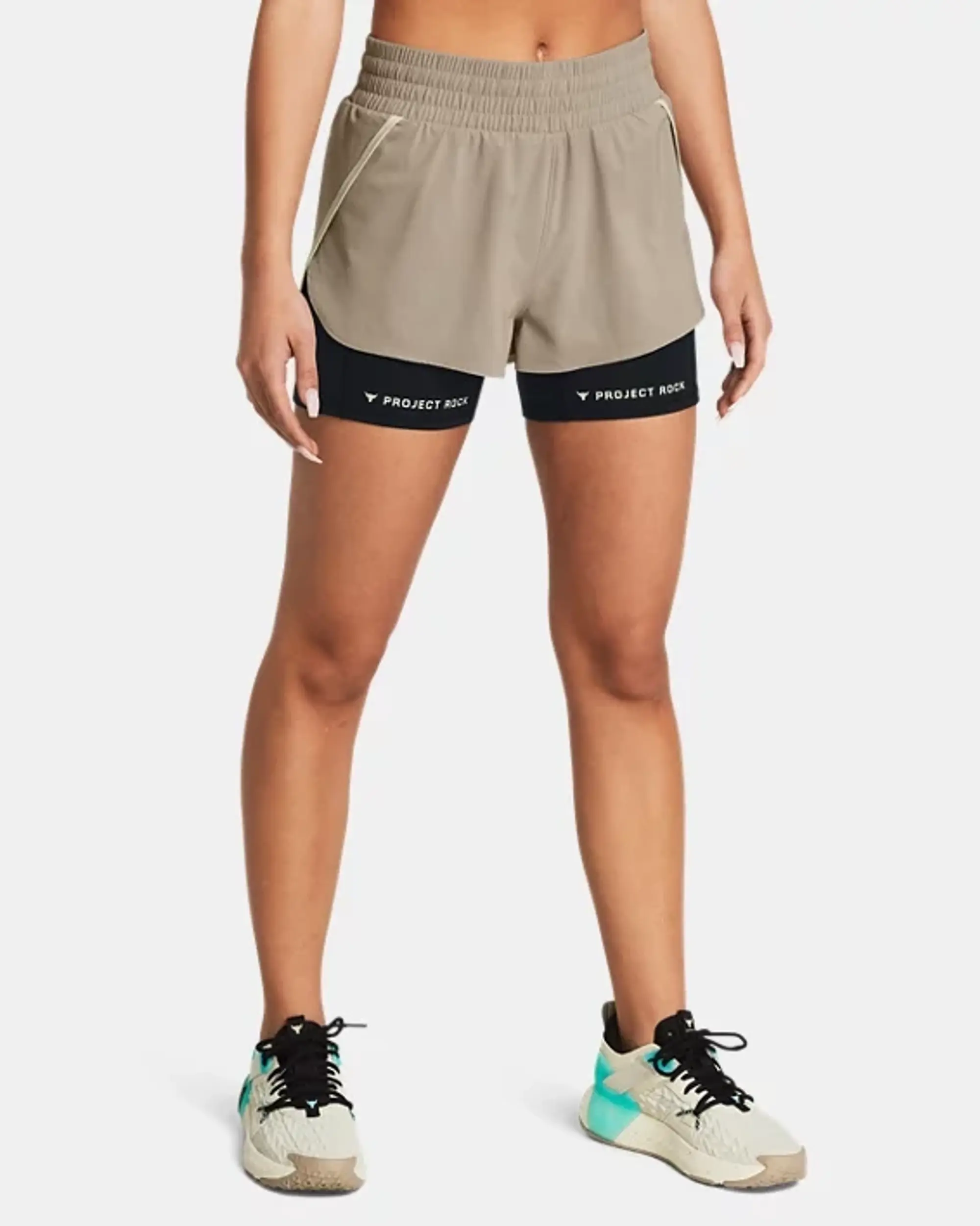 Under Armour Women's Project Rock Flex Woven Leg Day Shorts Timberwolf Taupe / Black / Silt L