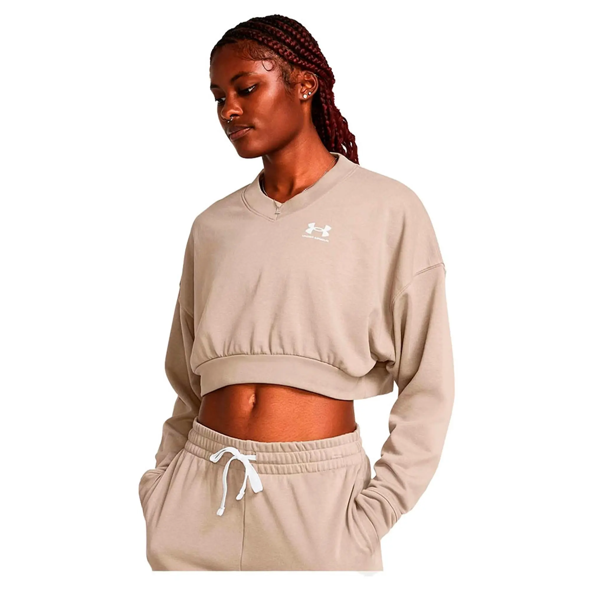 Women's  Under Armour  Rival Terry Oversized Crop Crew Timberwolf Taupe / White L