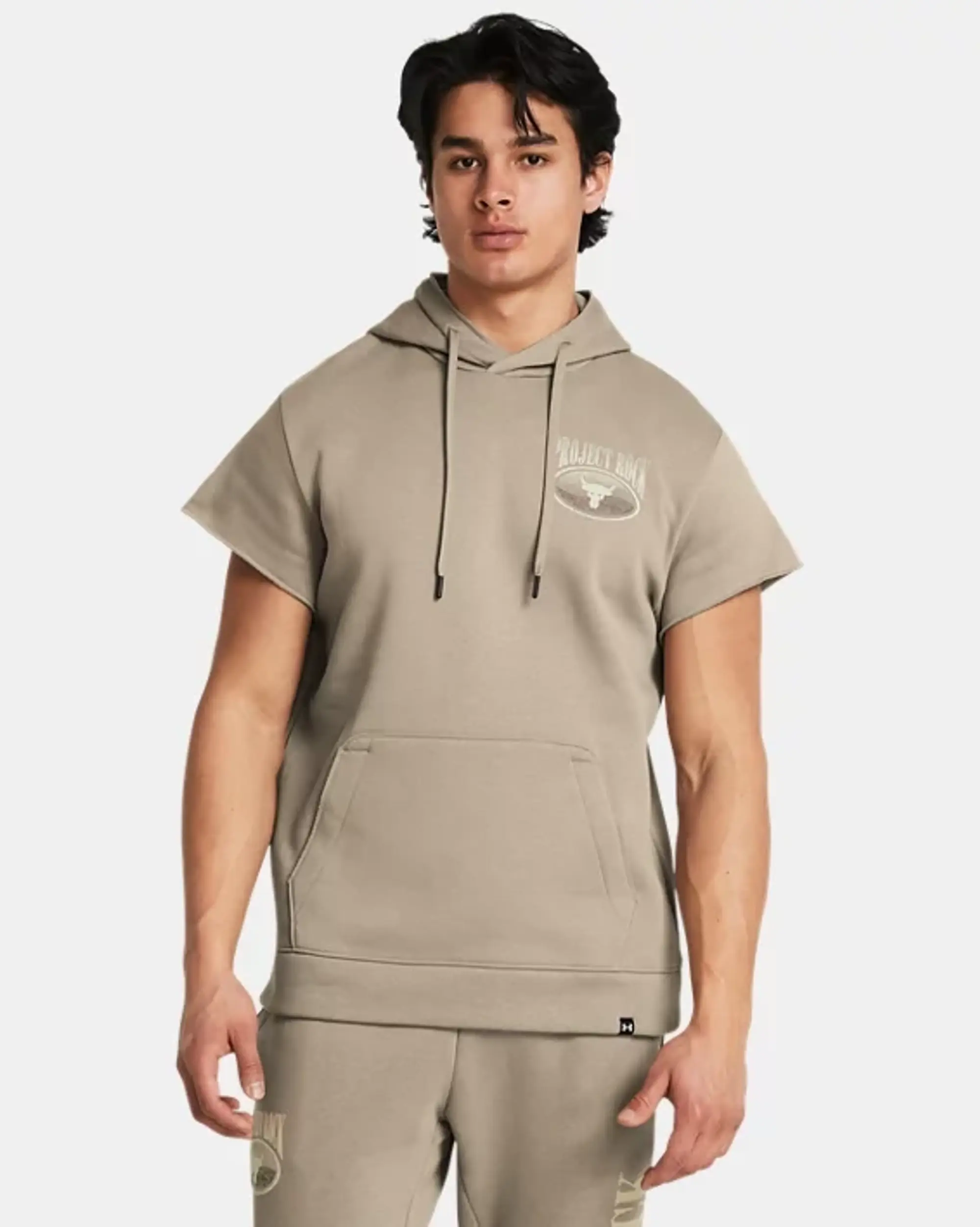 Under Armour Men's Project Rock Essential Fleece Short Sleeve Hoodie Timberwolf Taupe / Silt / Black XXL