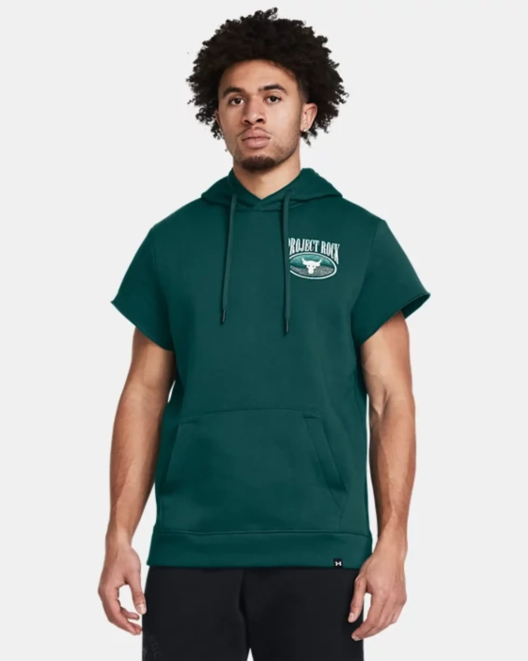 Under Armour Men's Project Rock Essential Fleece Short Sleeve Hoodie Hydro Teal / Radial Turquoise / Black XL