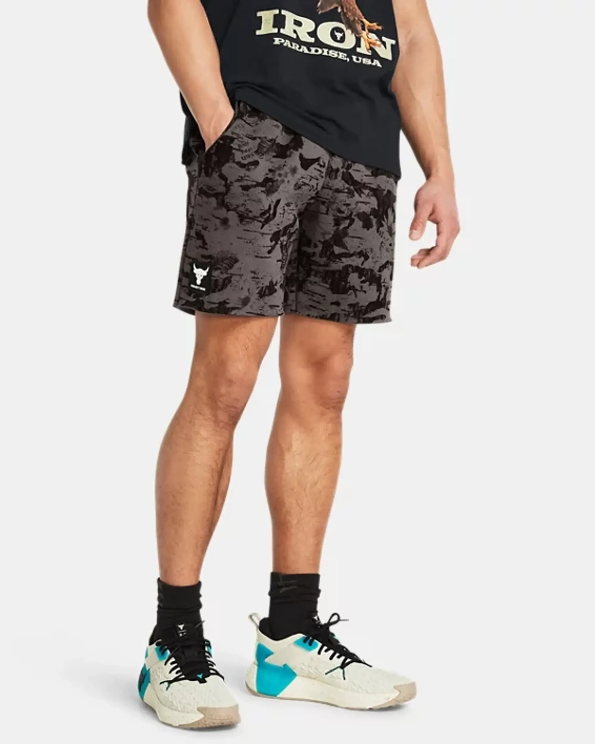 Under Armour Men's Project Rock Essential Fleece Printed Shorts Fresh Clay / White XXL