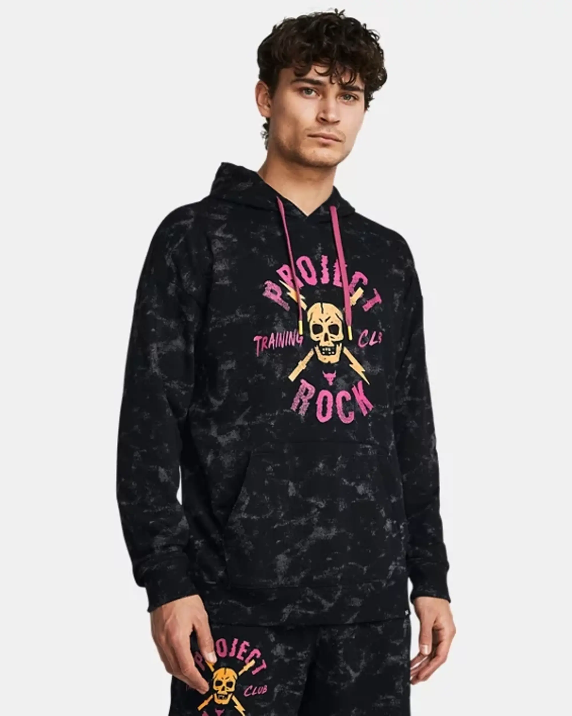 Under Armour Men's Project Rock Rival Terry Printed Hoodie Black / Nova Orange / Astro Pink S